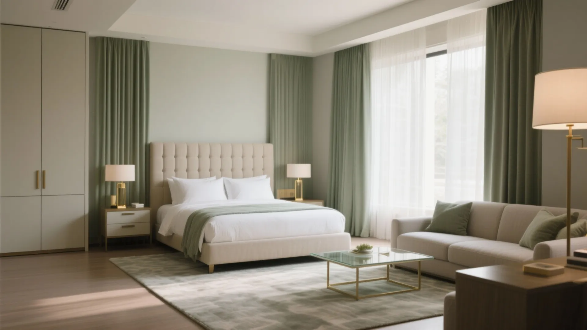 Elegant bedroom with beige bed green curtains small sofa glass coffee table rug and natural