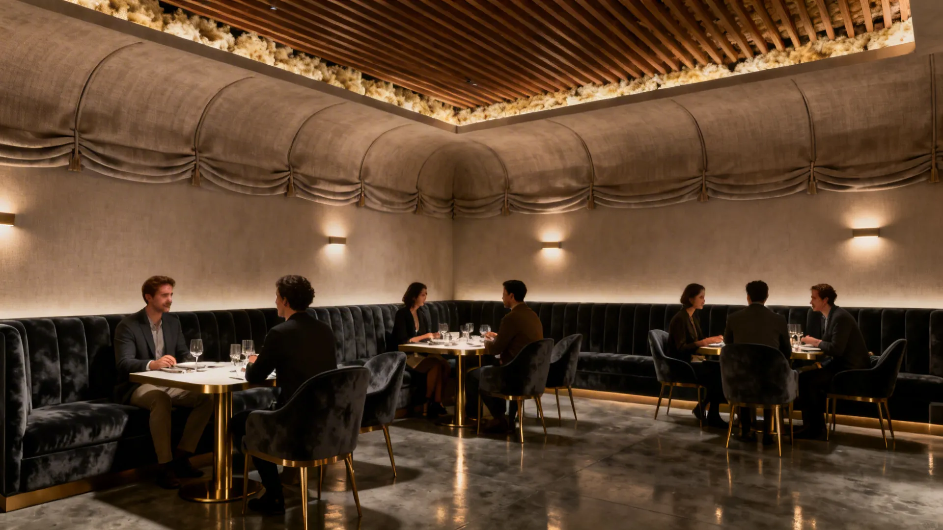 Quiet luxury dining room with fabric soffits, upholstered fins, velvet banquettes, and wood slat ceiling.
