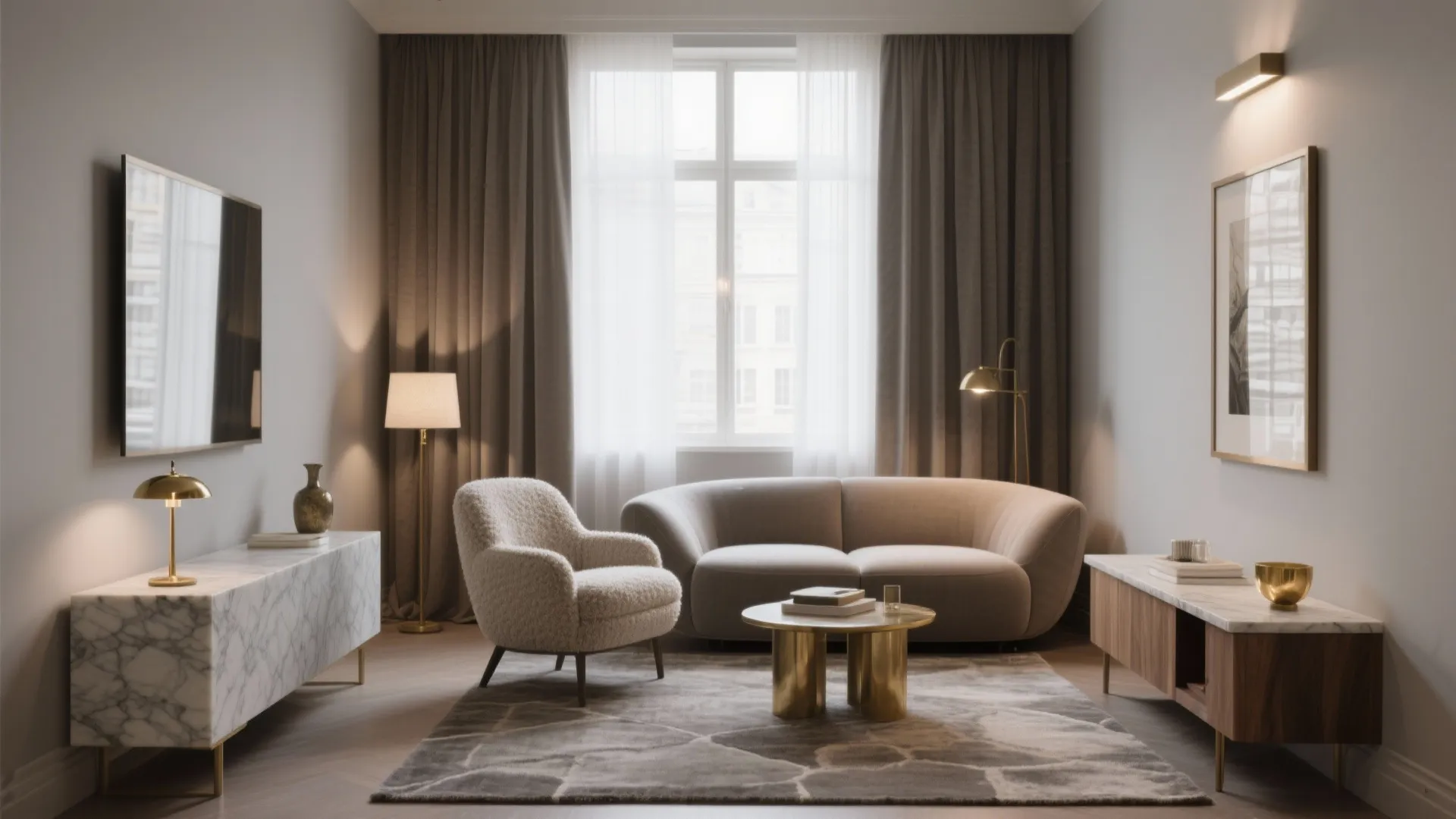 Elegant living room featuring curved sofa marble cabinet gold coffee table wall light and curtains