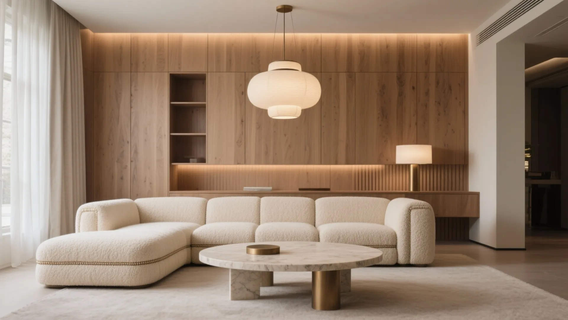 Large white sectional sofa in modern living room with marble coffee table and wood panels