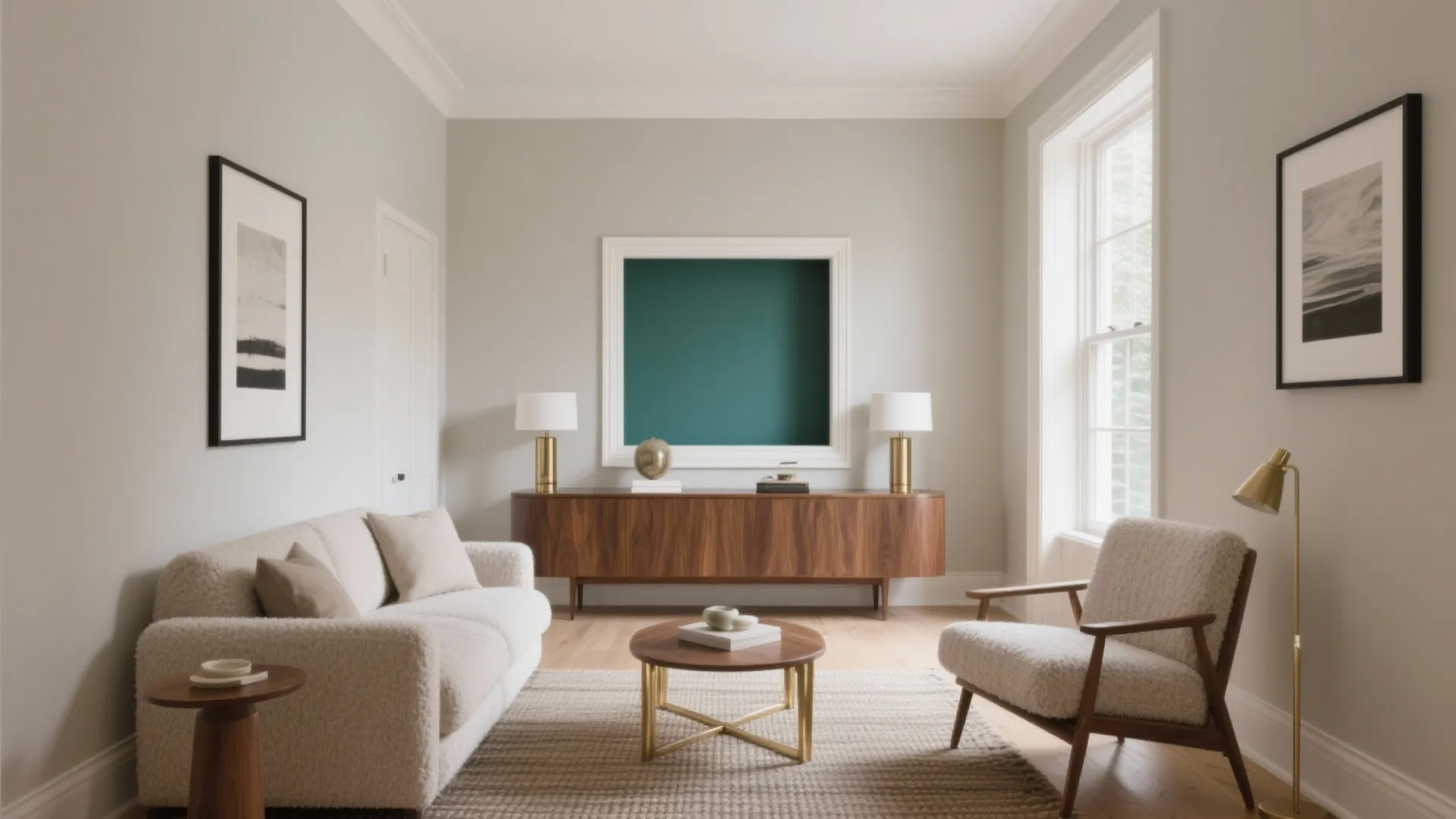 Modern living room with beige sofa wooden cabinet green wall feature round coffee table and rug