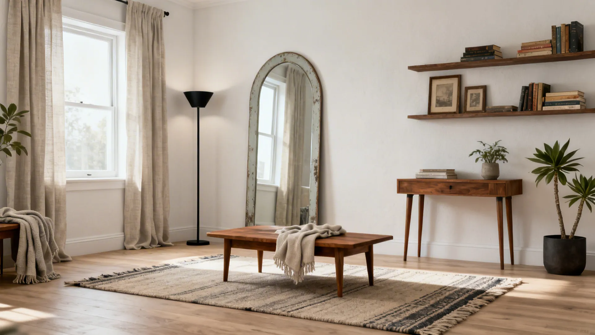 Wooden coffee table on a rug near large arch mirror with shelves and beige curtains