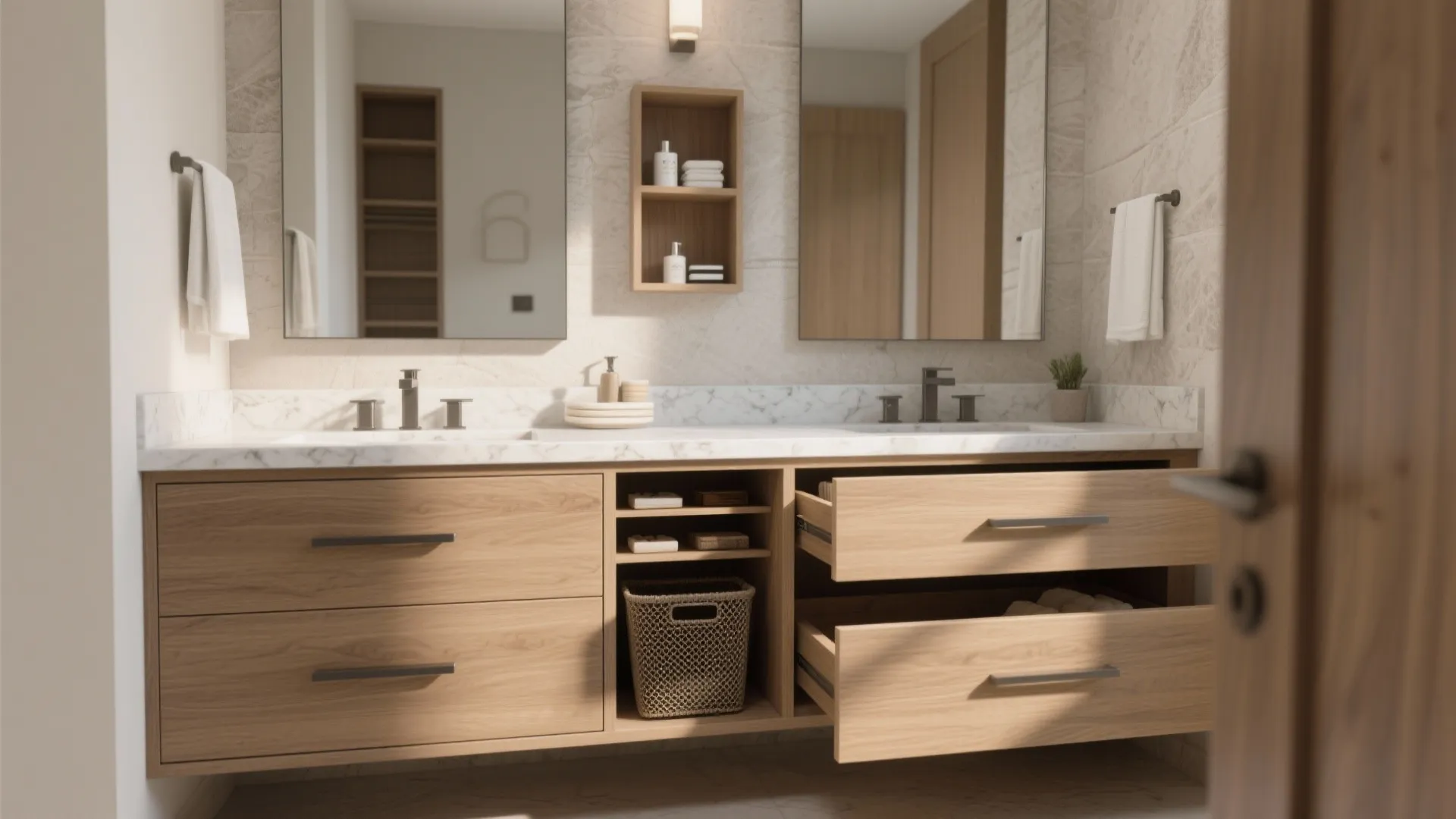 5) Quiet luxury storage: recessed medicine, drawers, and hidden hampers