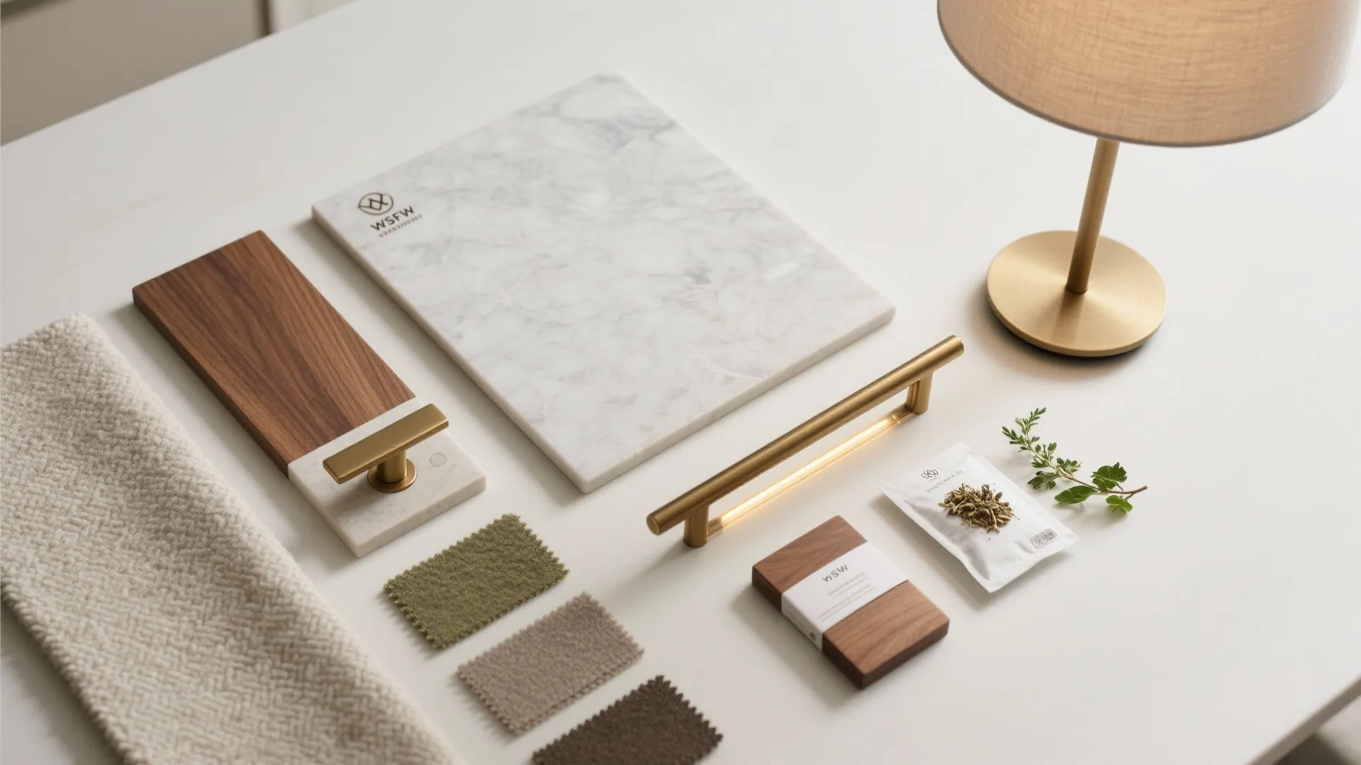 Interior design material board with marble stone wood samples fabric swatches gold handles and table lamp