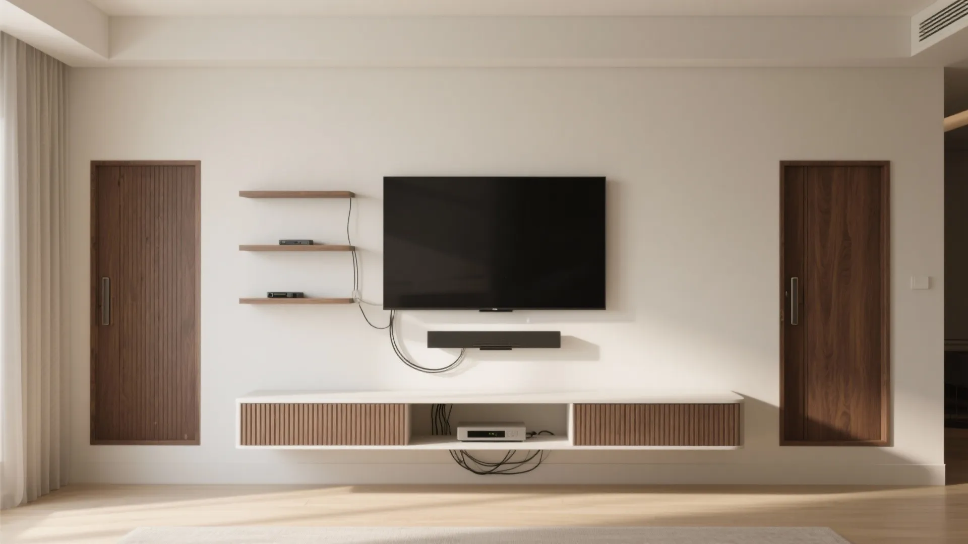 A quiet media wall with hidden storage