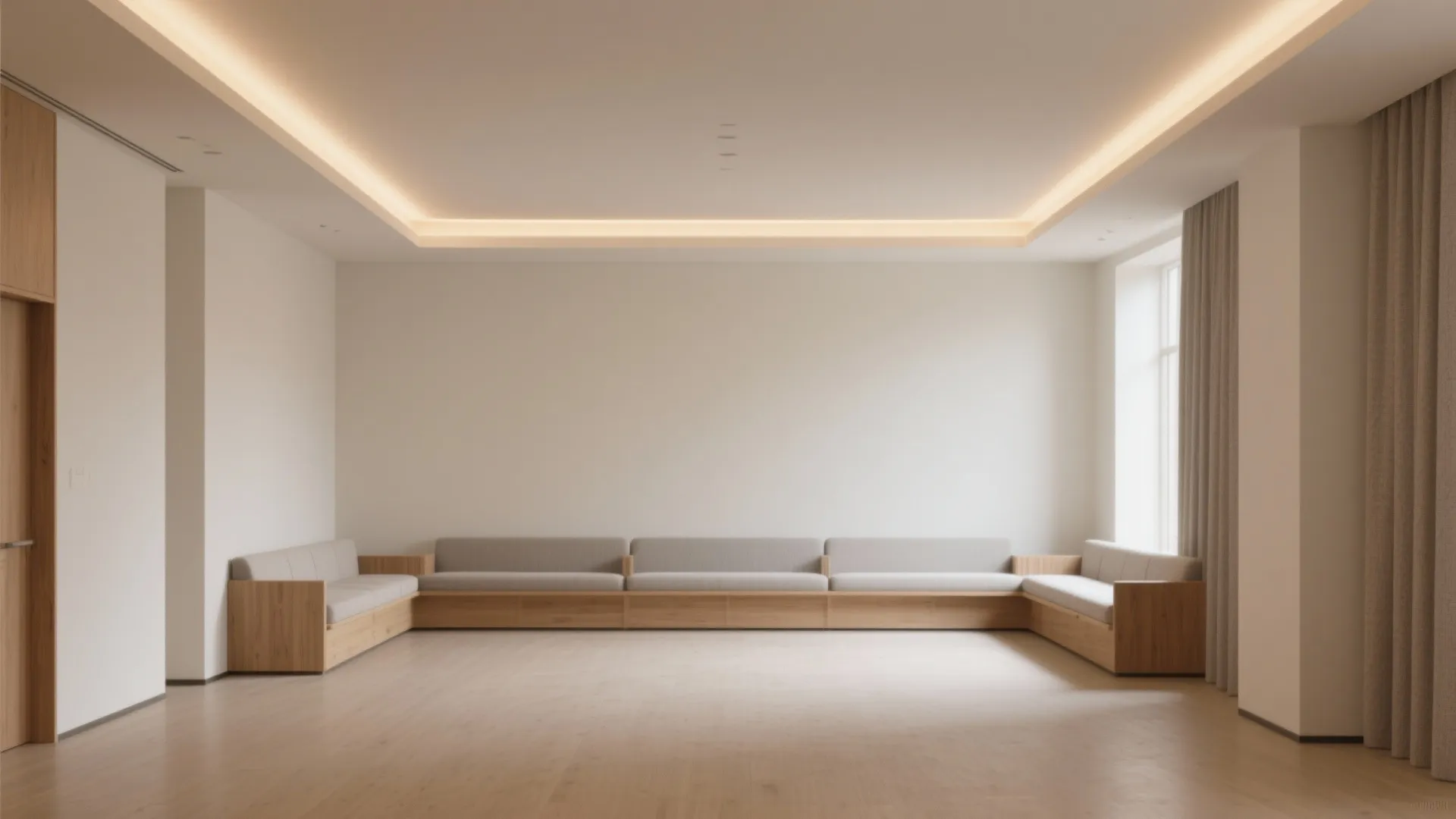 Minimalist white living room featuring a long wooden sofa base with grey cushions and lighting
