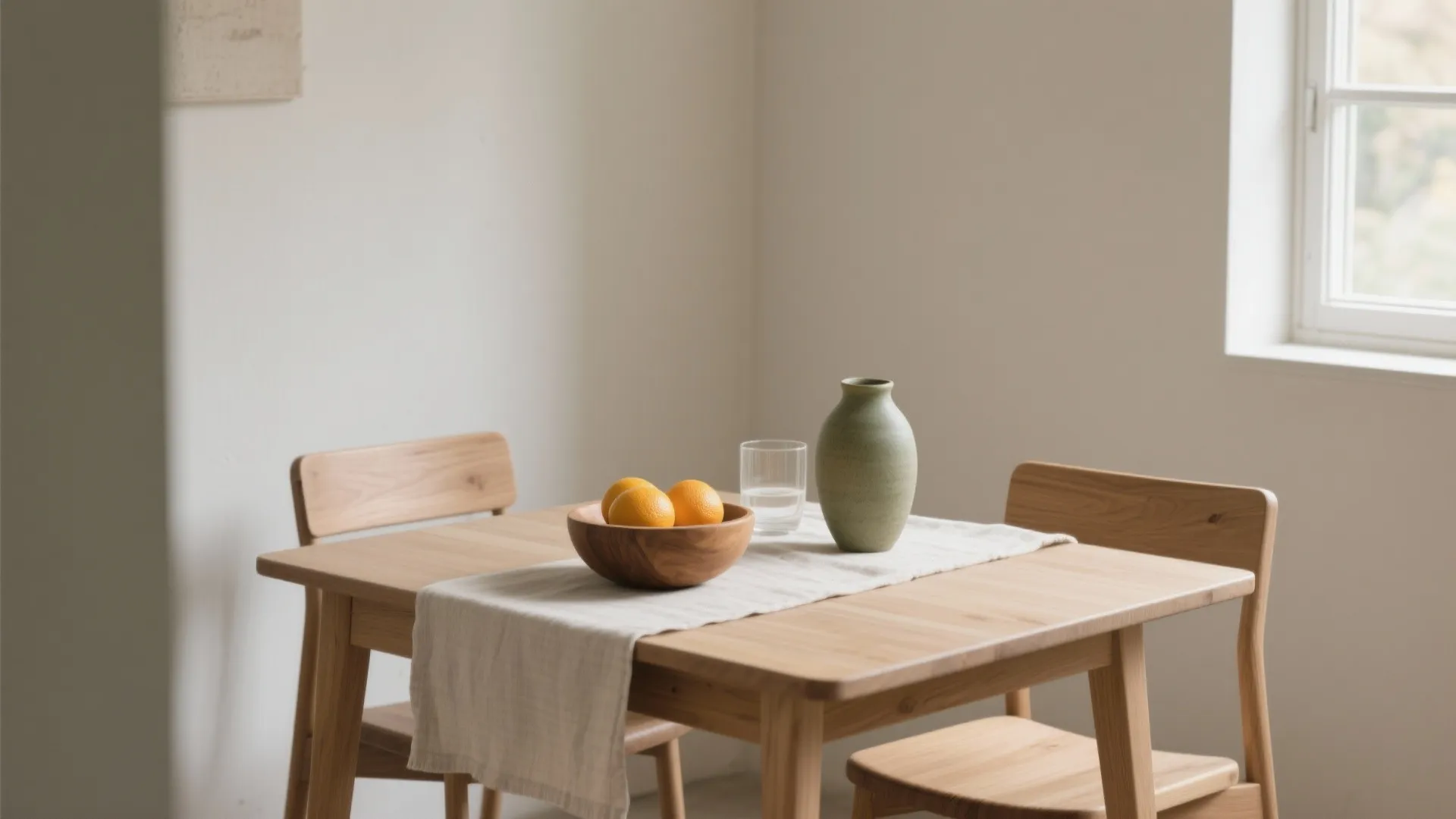 Minimalist dining room featuring wooden table with chairs fruit bowl green vase and white walls