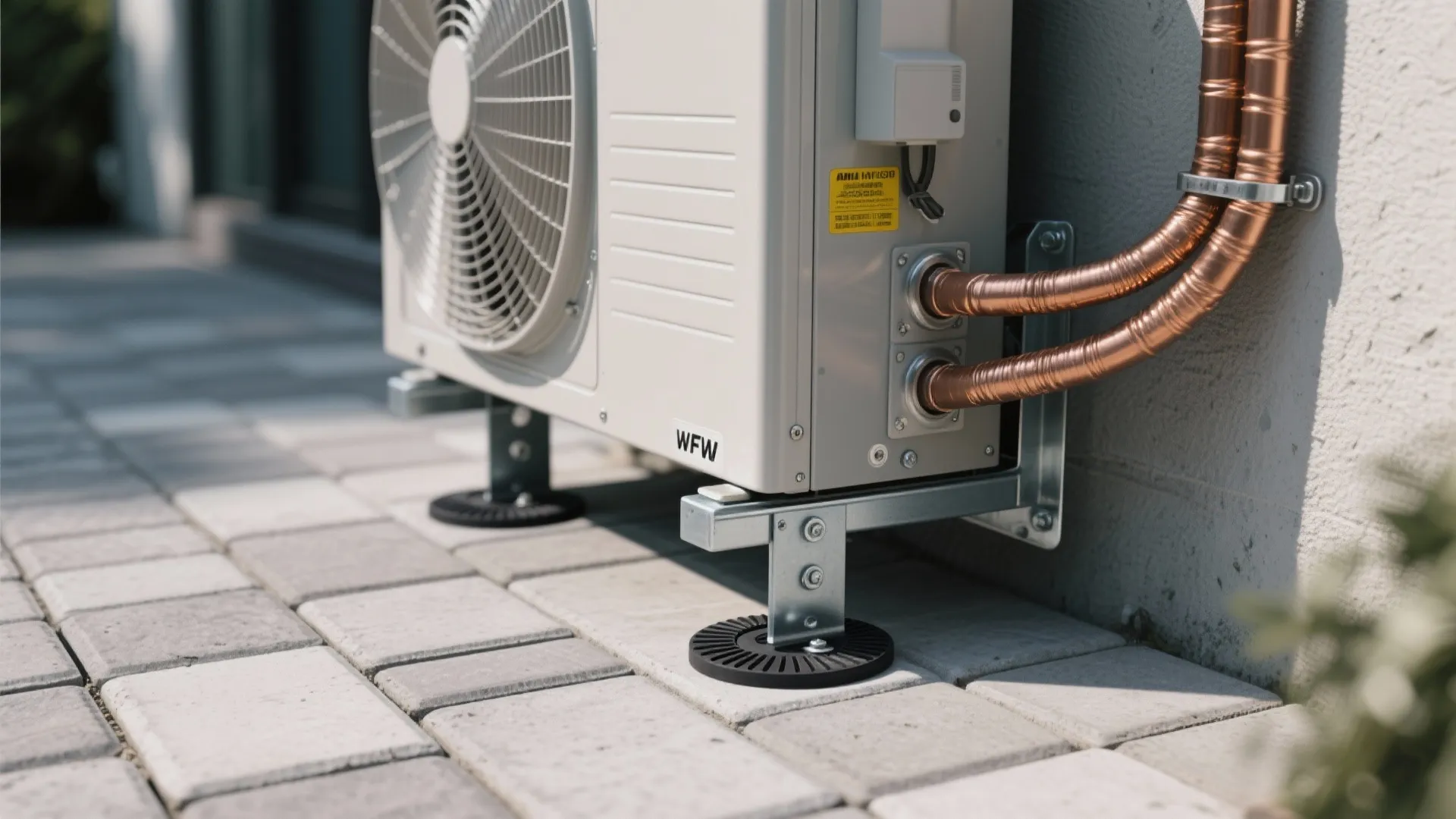 Macro of anti-vibration pads and insulated line set for a quiet mini split installation.