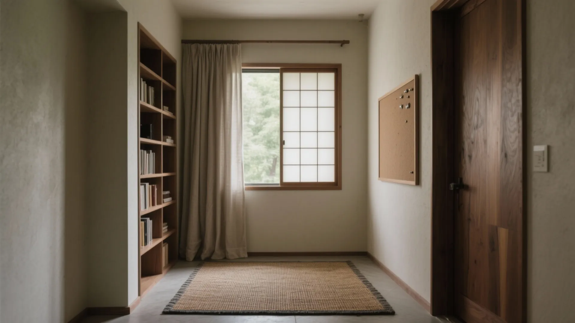 Small quiet room with a wooden bookshelf floor rug window curtain and a cork board