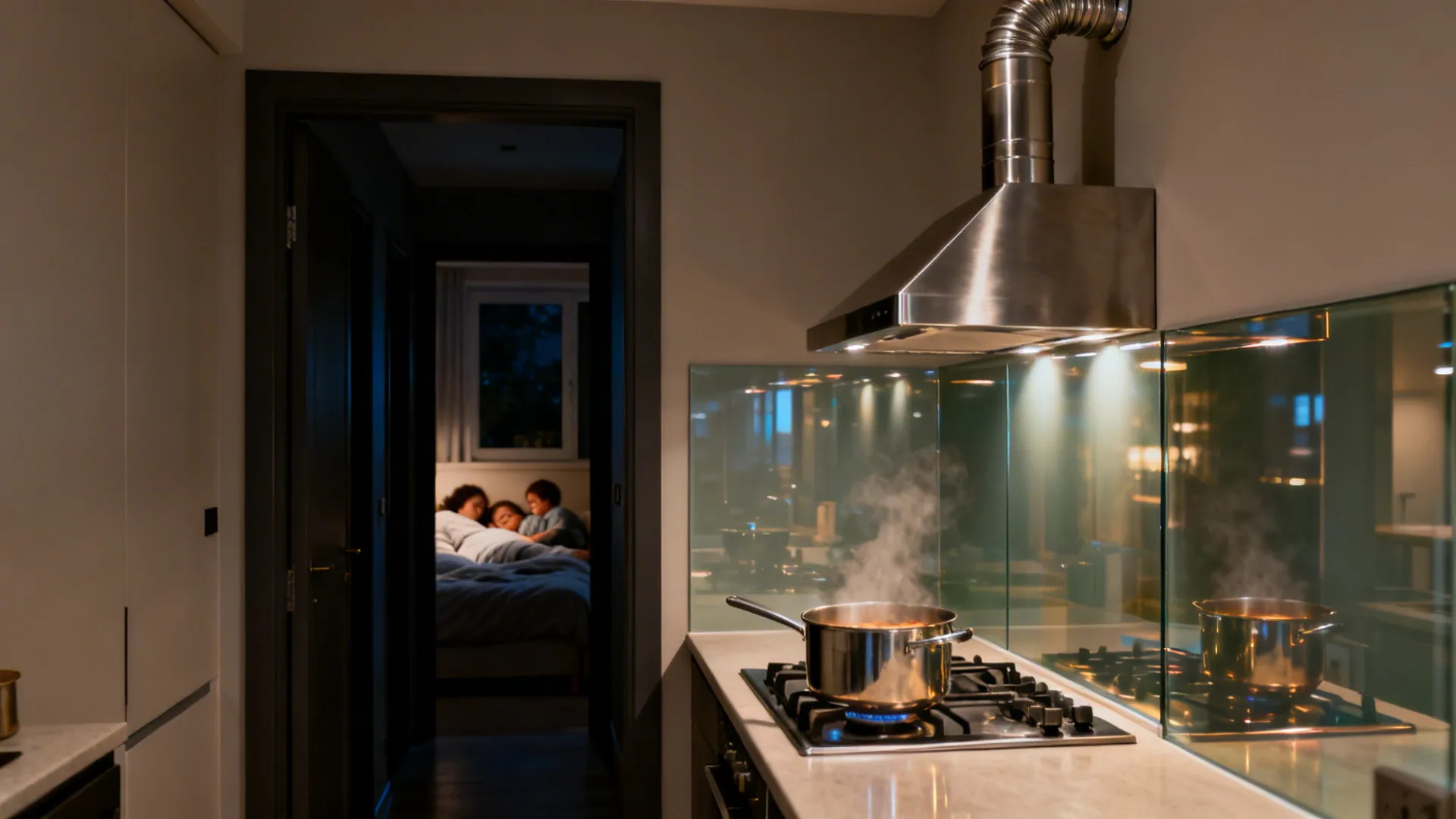 Cozy night kitchen scene with a quiet chimney running over a simmering pot.