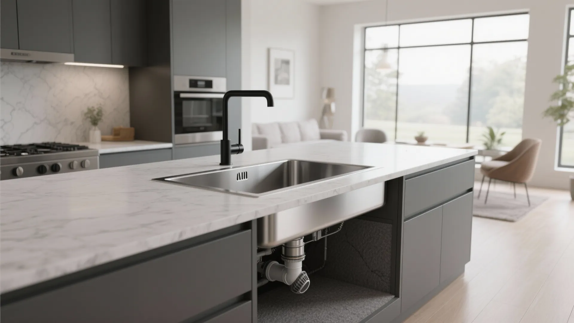 Modern kitchen island with marble countertop, stainless steel sink, black faucet, and open living room