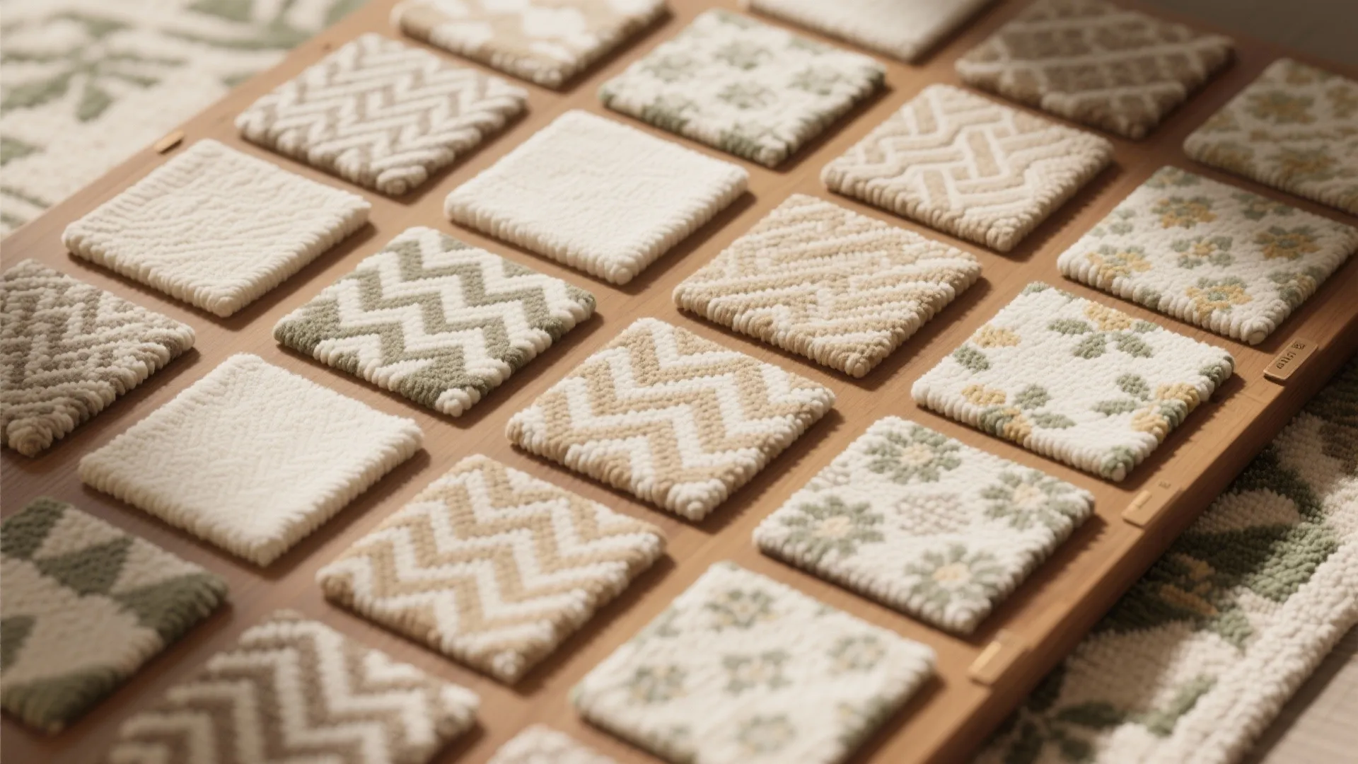 Collection of small square carpet samples with various patterns and colors on a wooden table