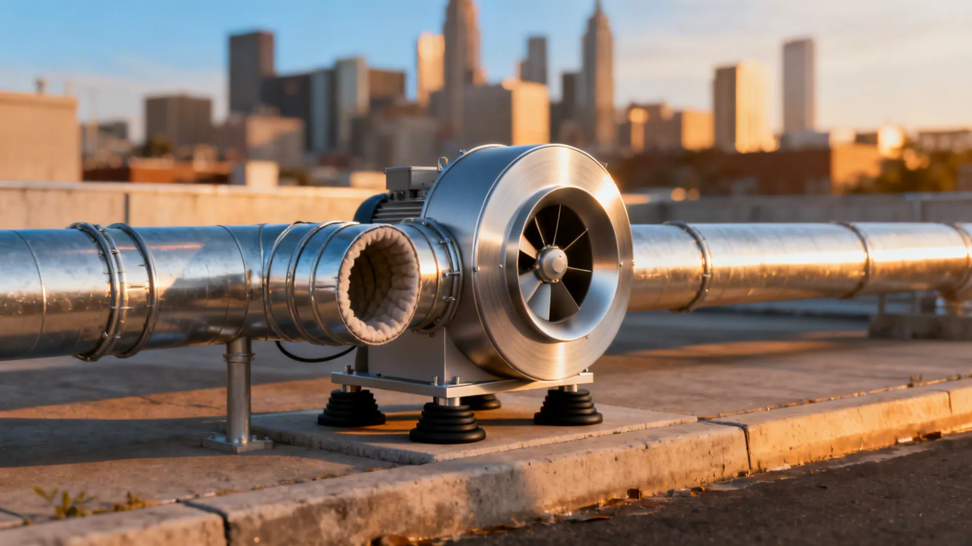 Centrifugal upblast fan with isolation mounts and flexible duct connectors on a rooftop curb.