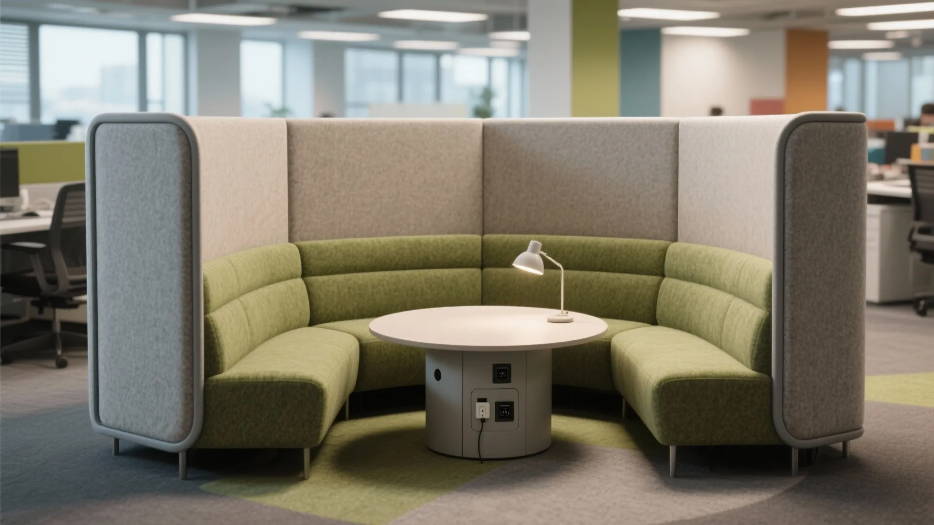 Acoustic high-back sofa pod with a small round table, power grommets, and task light for focused work.