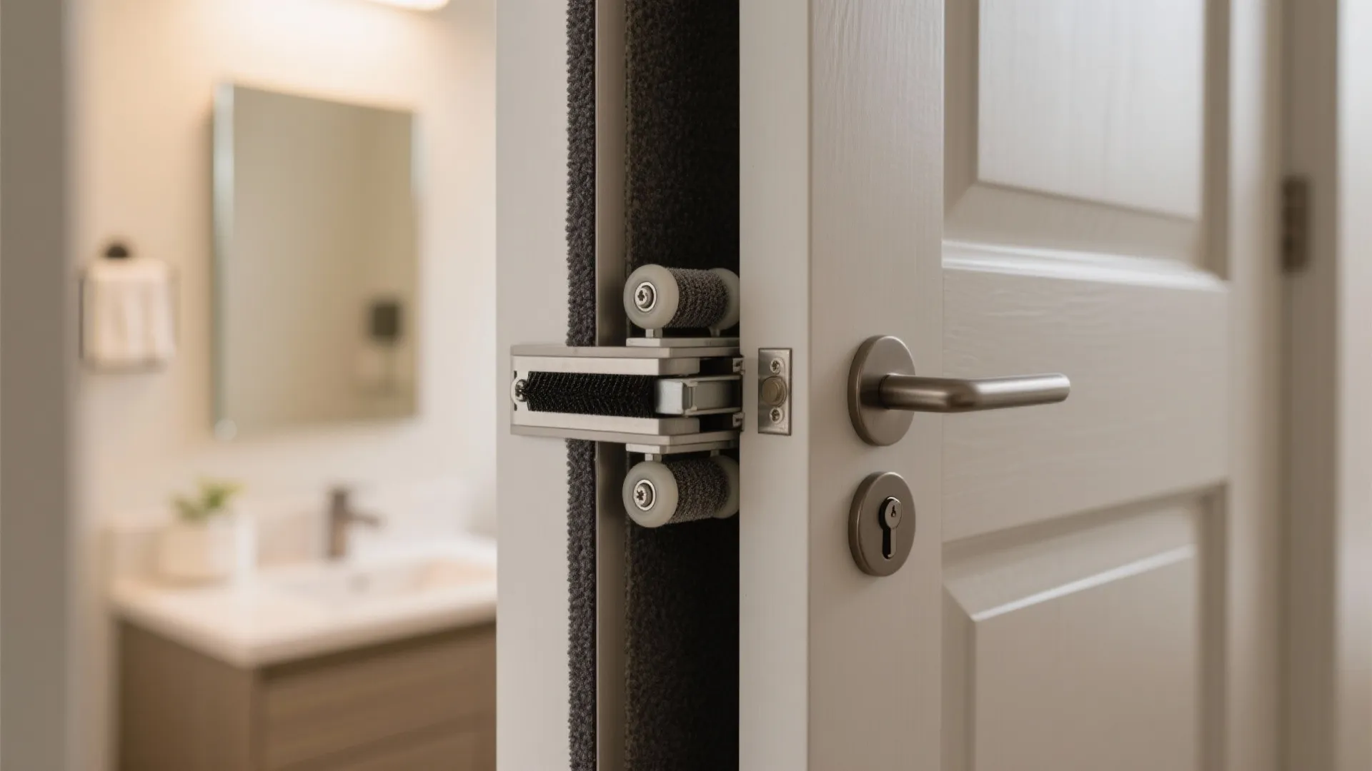 White interior door showing quiet metal rollers and a brush seal with a silver handle