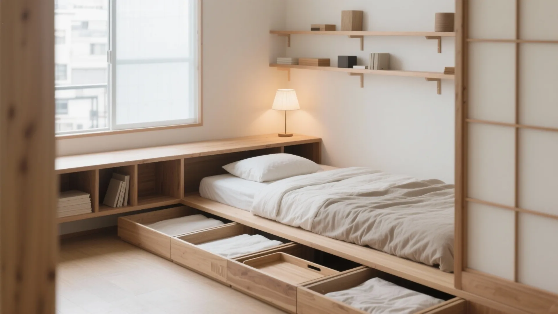 Tips 3: ベッド下と壁上を“静かな収納”にする（日式风格）