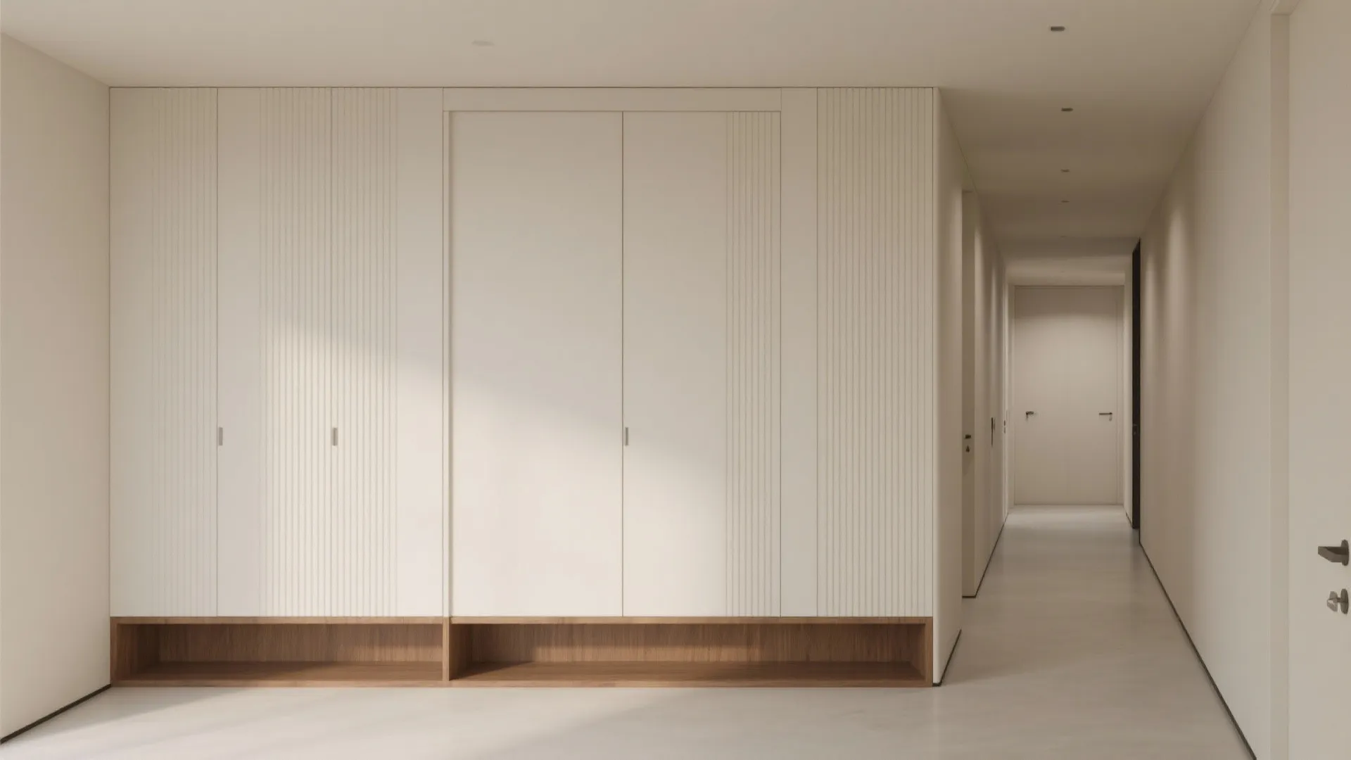 Minimalist hallway with white wall panel storage and a long wooden open shelf at bottom