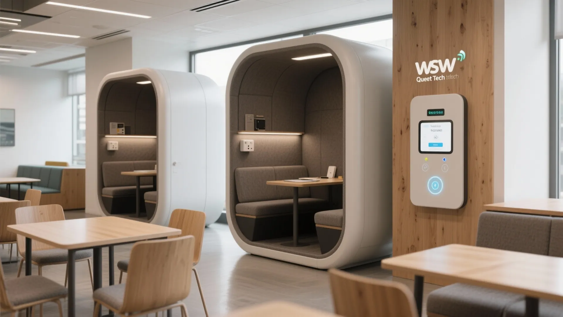 Modern office interior with private work pods containing a desk and sofa for quiet focus
