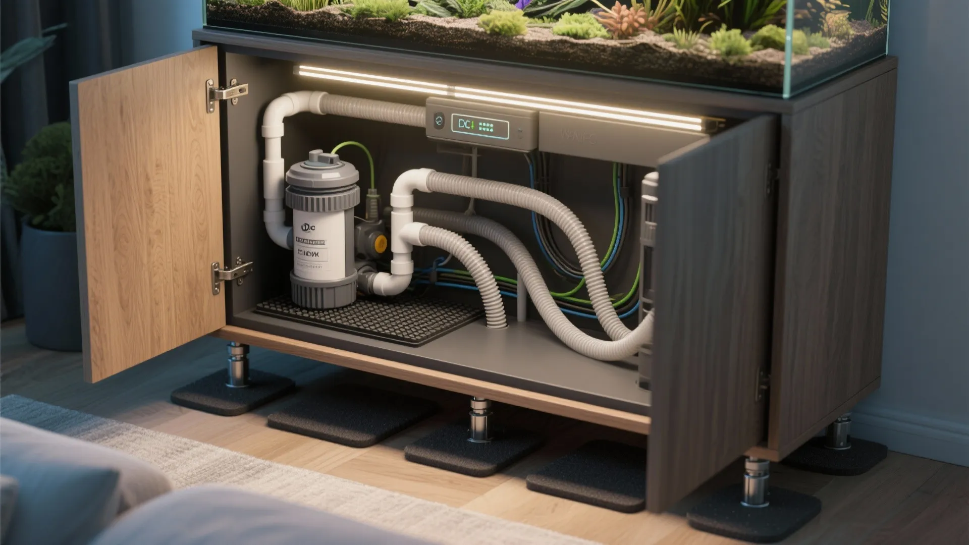 Interior view of a wooden cabinet showing water filter pipes and lights for fish tank