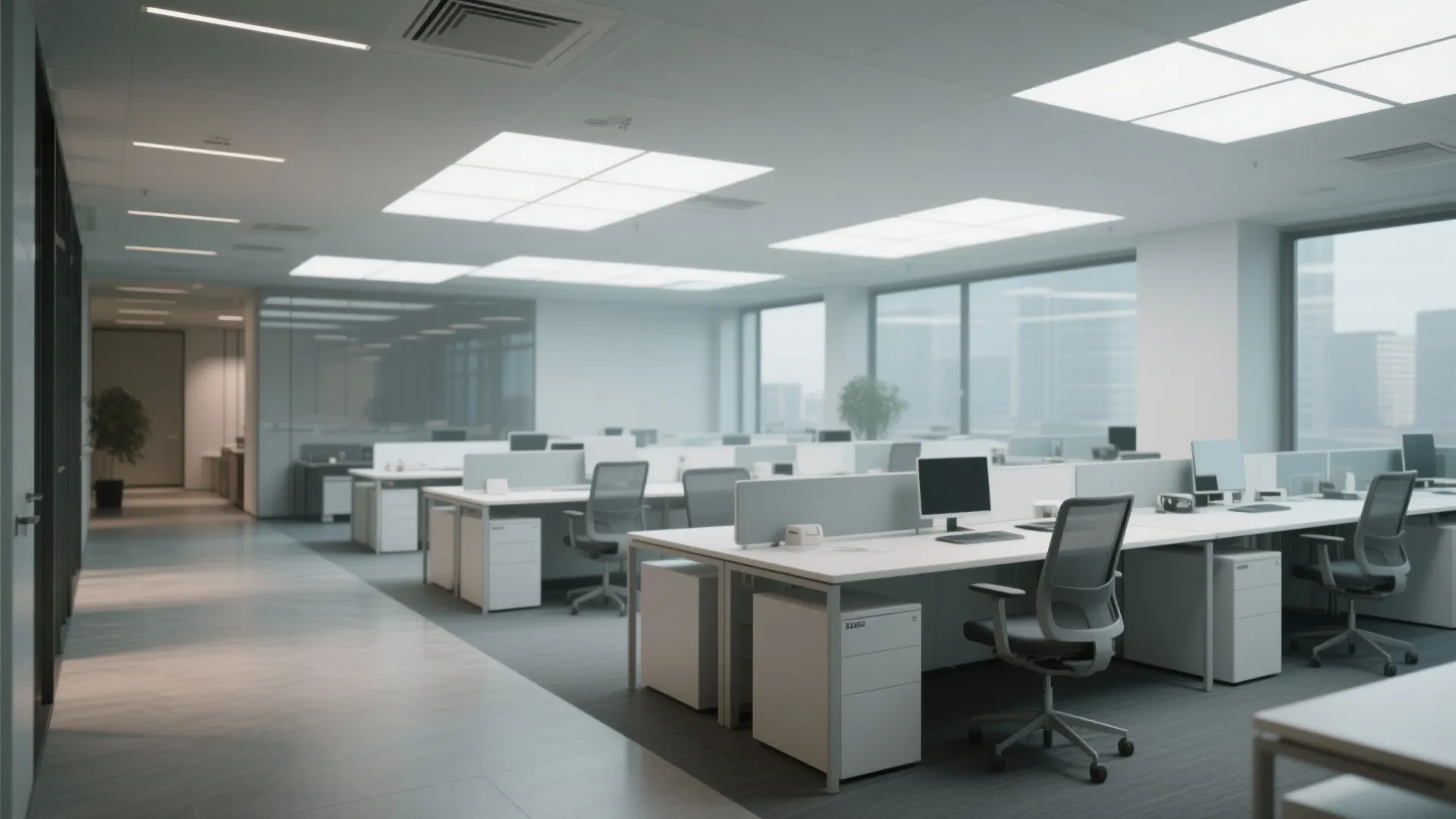 Quiet upper office floor with skylights and individual desks