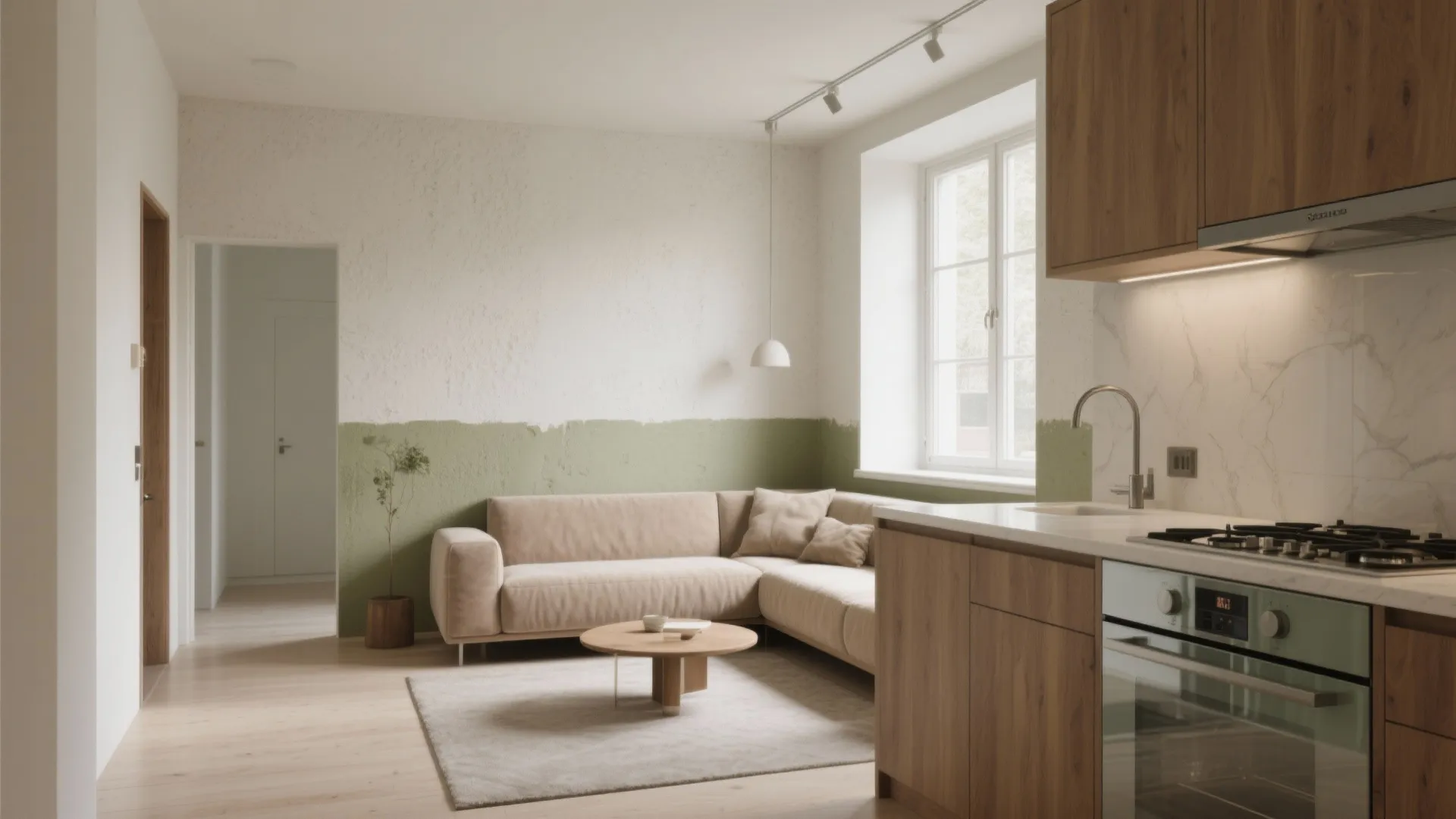 Open living room featuring green wall paint beige sofa wooden kitchen cabinets and white marble surfaces