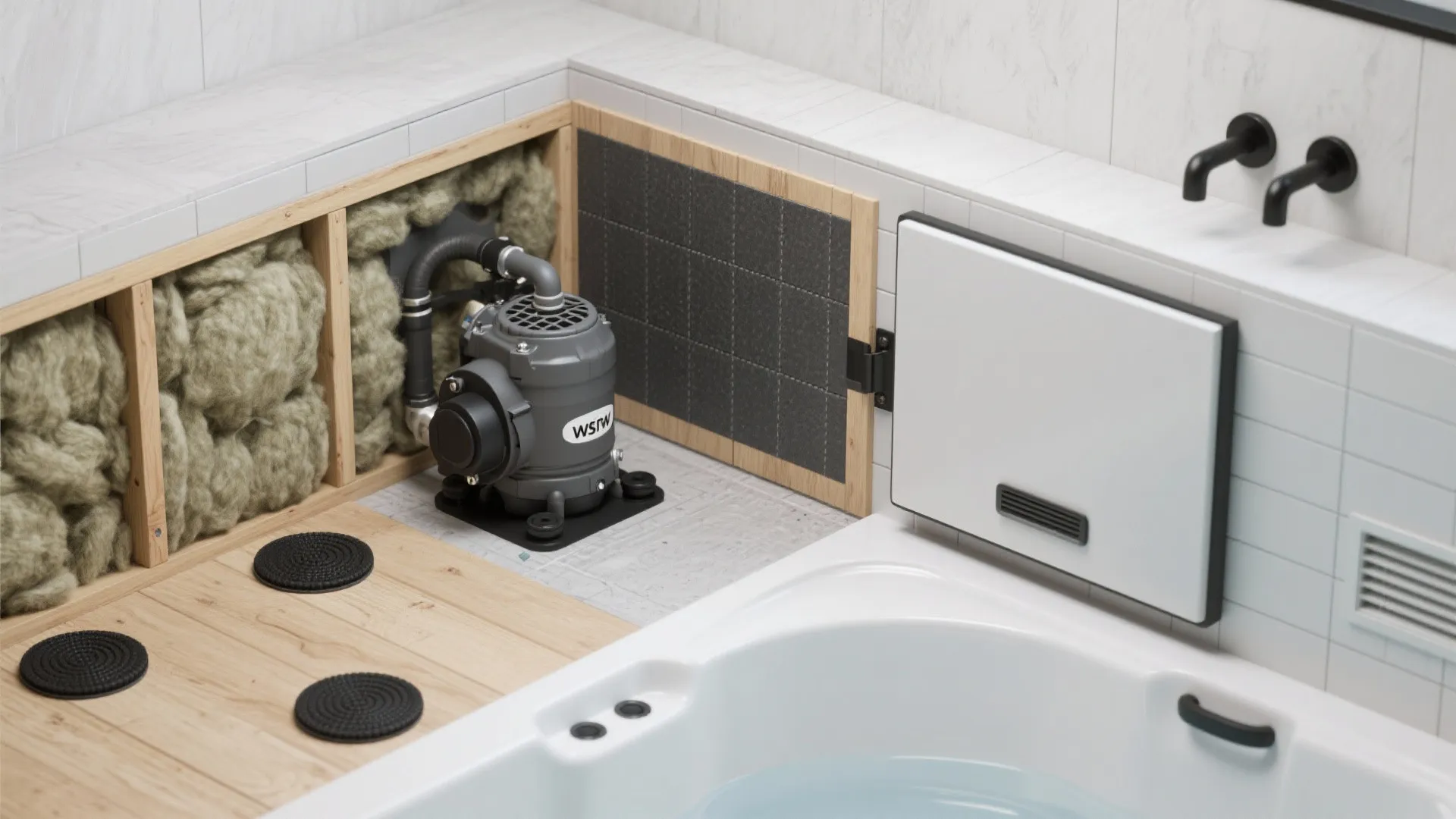 Interior design drawing showing bathtub motor installation with insulation material and black wall light fixtures