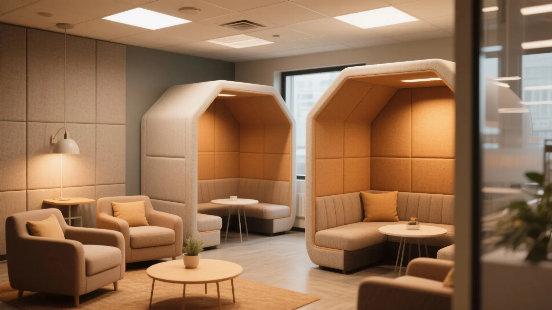 Modern office lounge with orange privacy pods plus comfortable sofas and round wooden coffee tables