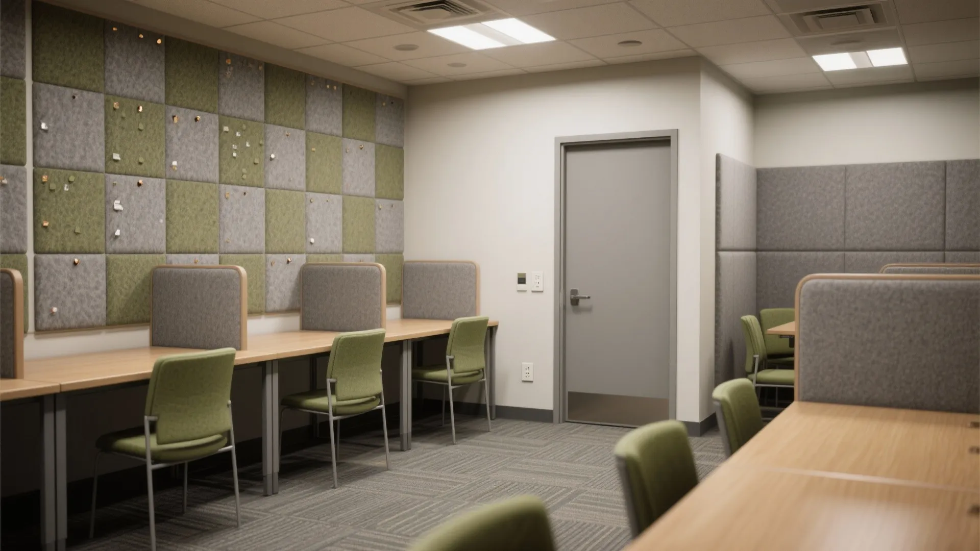 Quiet-focus zone with acoustic pinboard walls, soft finishes, and carpet tiles arranged behind study desks.