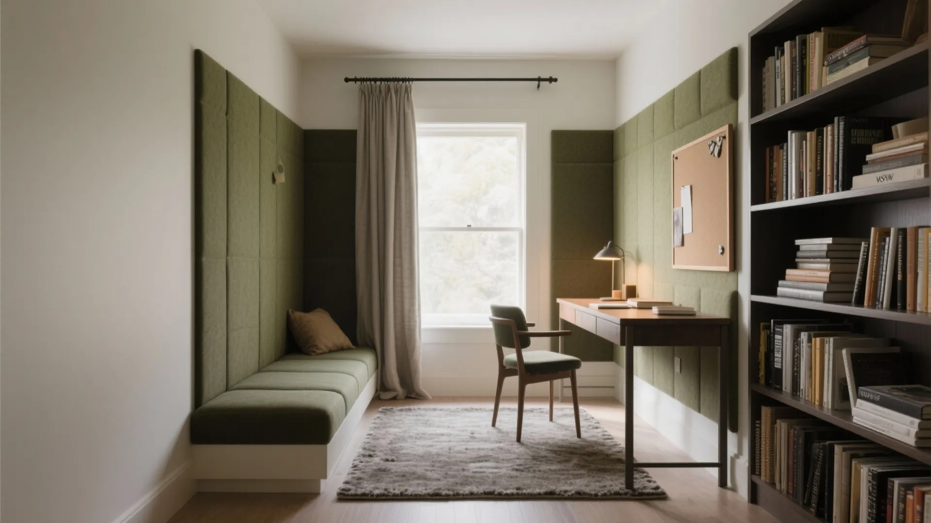 Home office with green wall panel design including a wooden desk green sofa and bookshelf