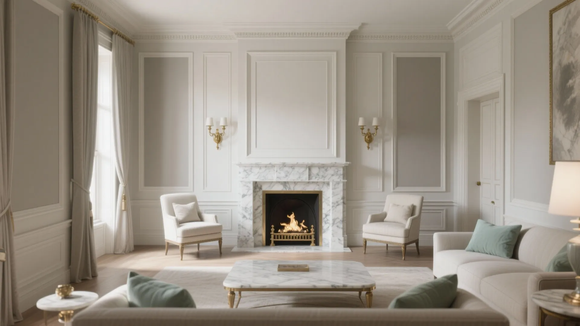 Elegant living room featuring marble fireplace white wall panel sofas coffee table and wall lights