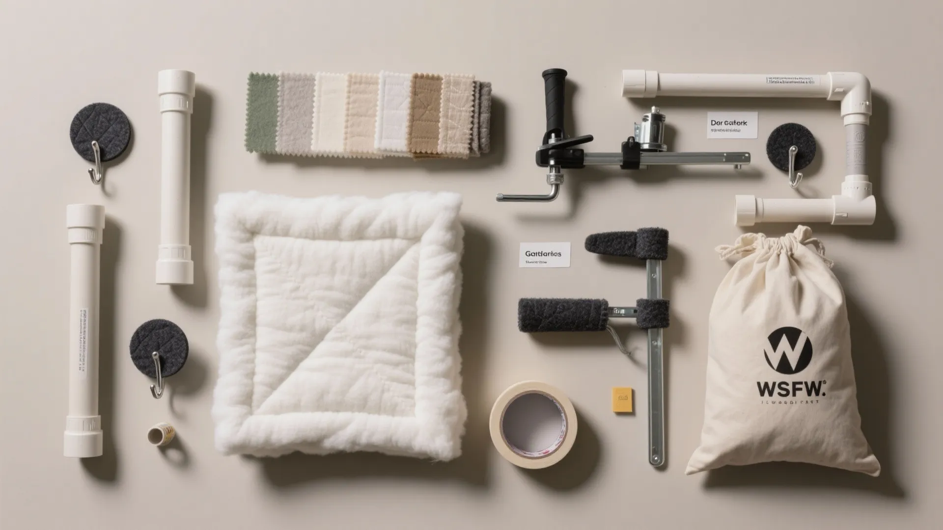 Flat lay showing white pipes fabric samples soft pad tape hooks and a canvas storage bag