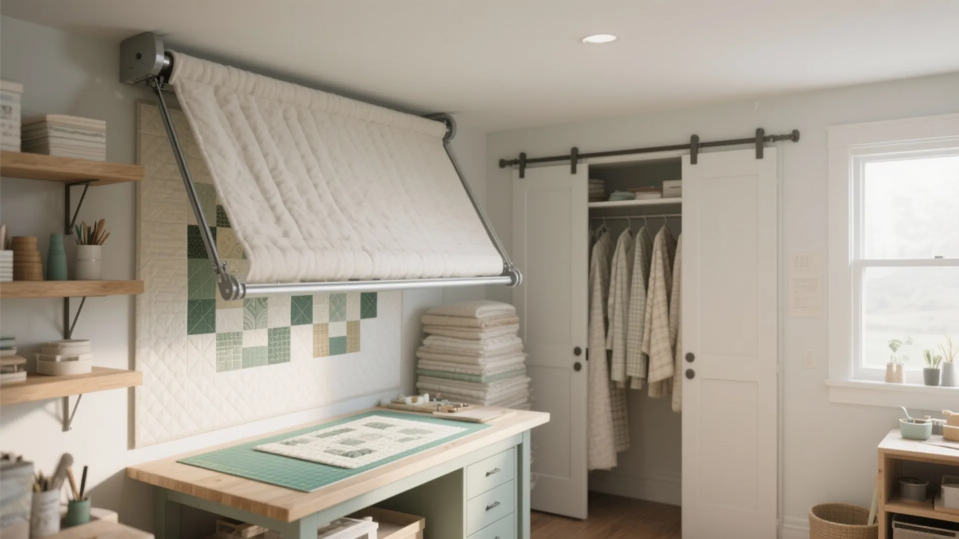 Craft room interior design drawing showing a wall mounted quilt display above a wooden desk