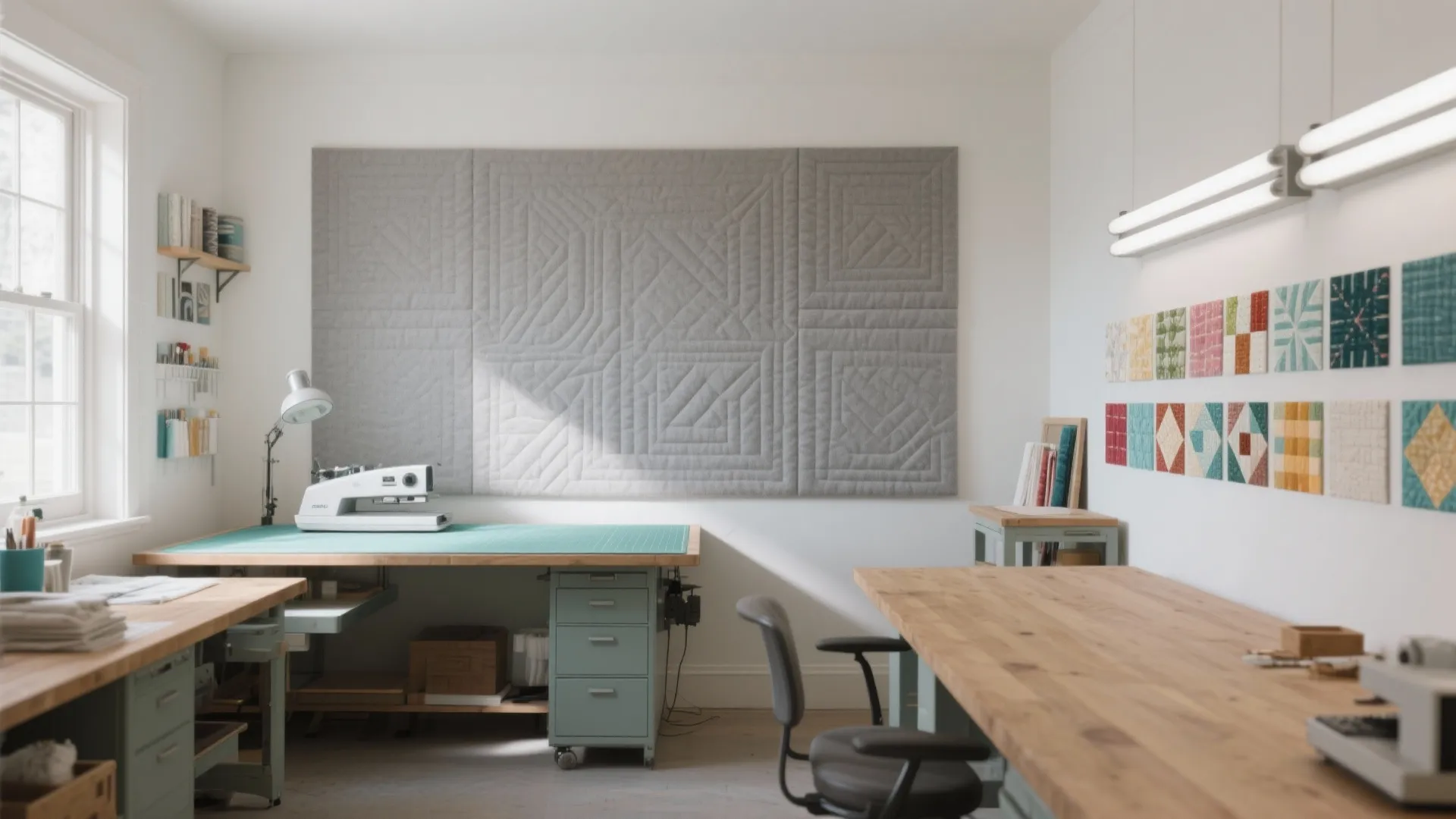 Bright craft room with wooden work tables sewing machine grey wall panel and colorful fabric samples