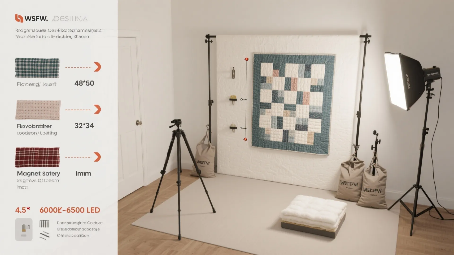 Studio photography setup for a wall quilt with tripod light fixture and product design info display