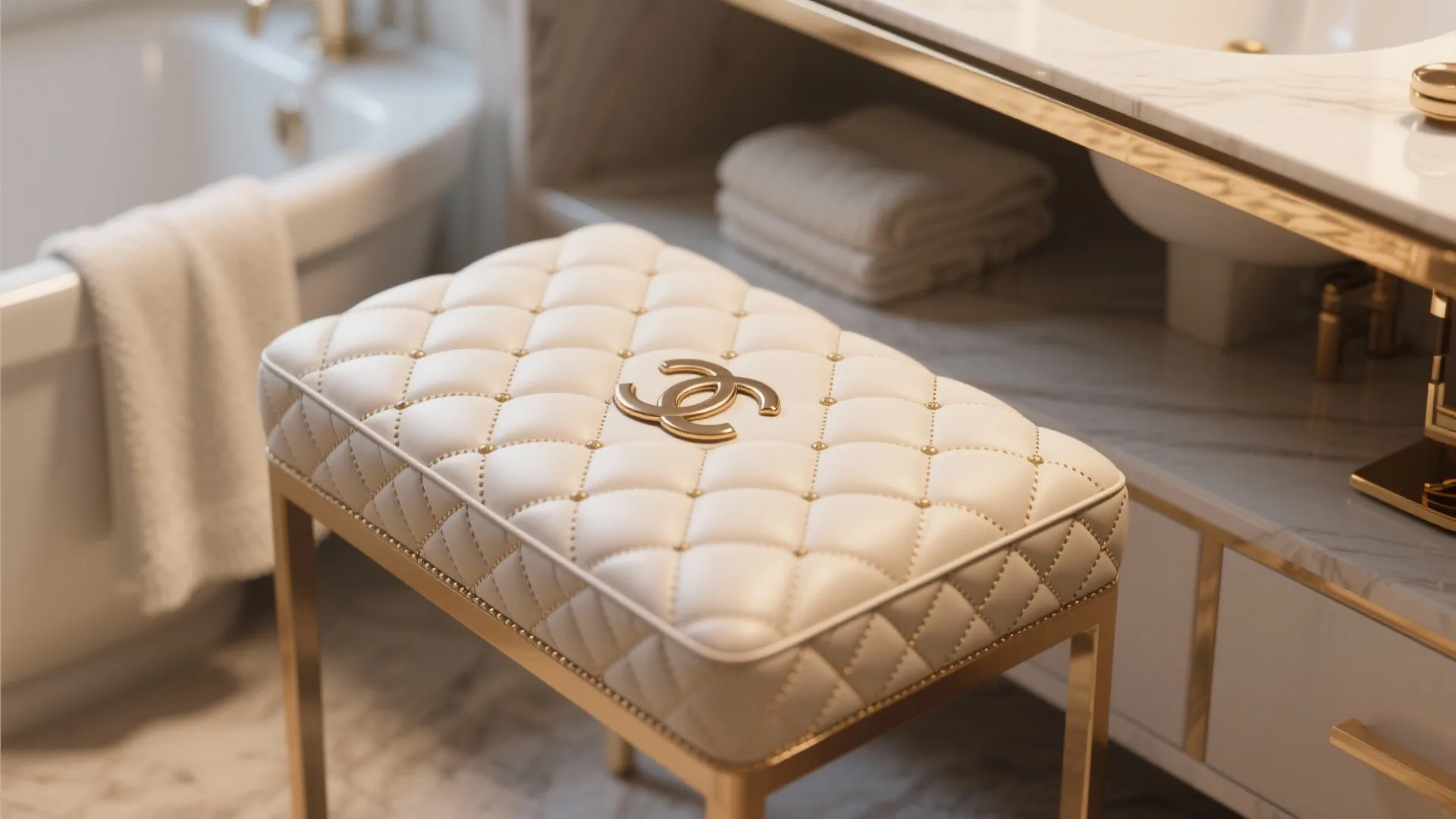 White quilted footrest with gold legs placed in a marble bathroom near a white luxury bathtub