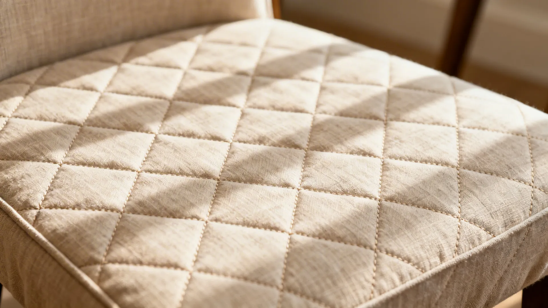 Macro of an oatmeal linen-blend seat cover with diamond quilting and soft texture.