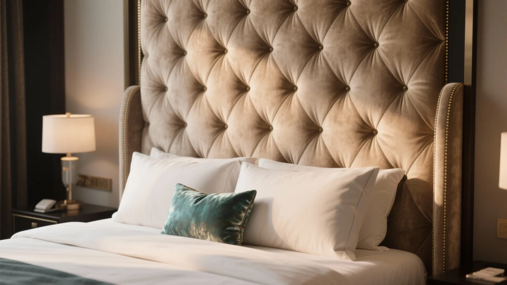 Close up view of a beige tufted headboard with white pillows and a green cushion