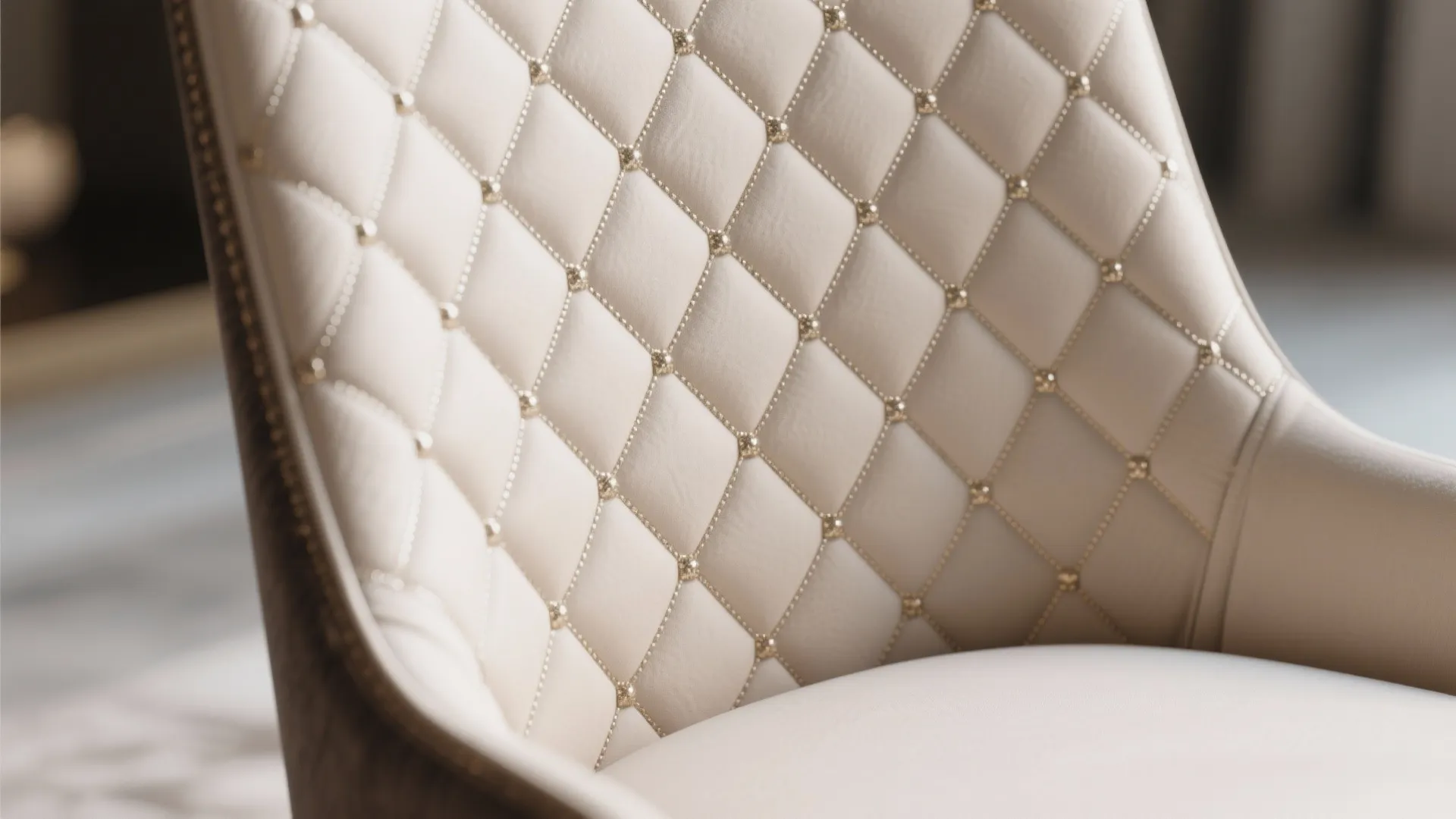 Close-up of white quilted chair back with small decorative metal buttons and soft fabric texture