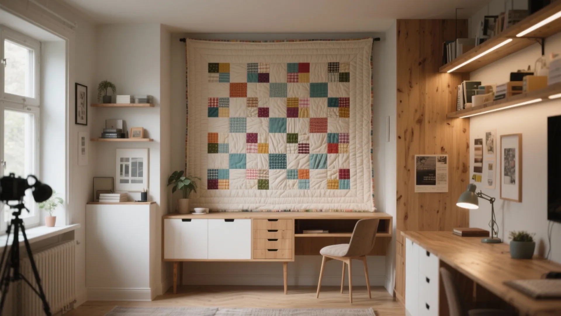 Home office with colorful wall quilt hanging above a wood desk and white storage cabinet