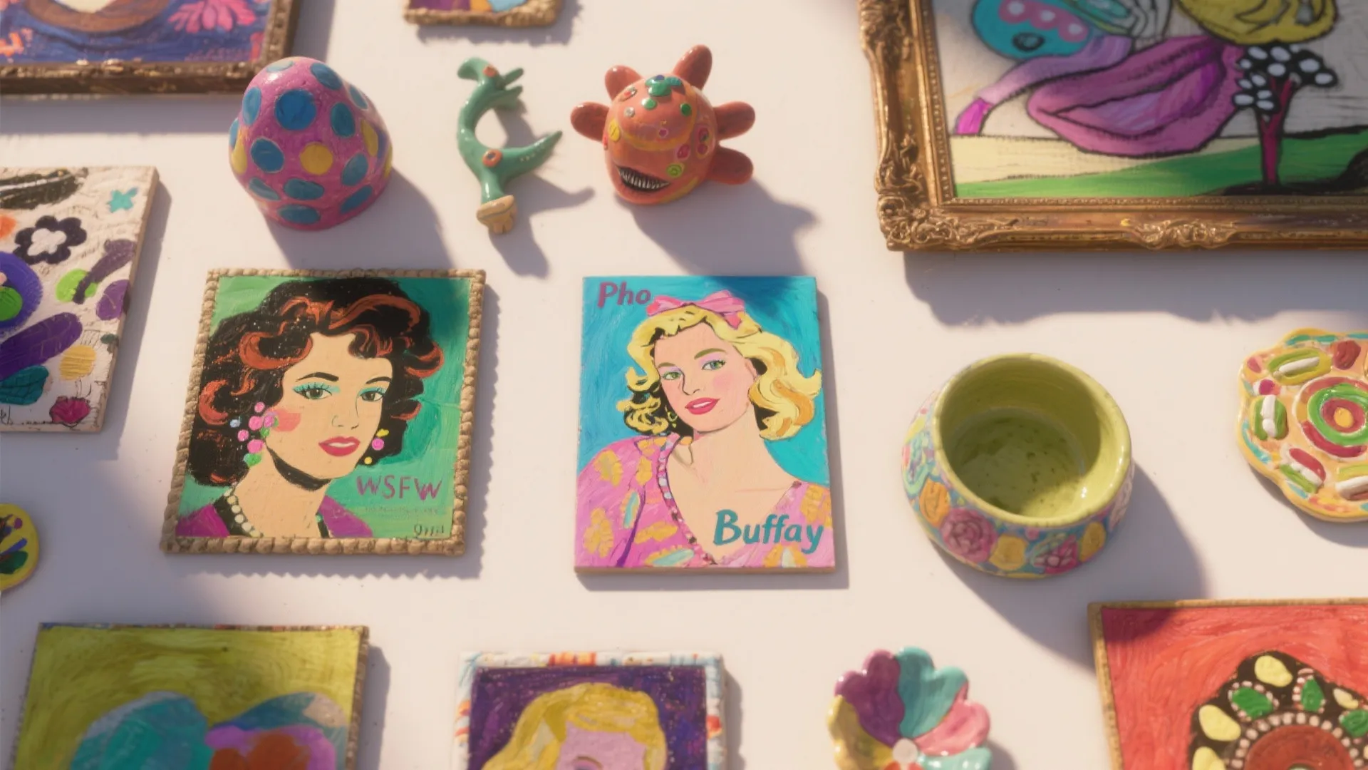 Flatlay of eclectic Phoebe-inspired art and sculptures