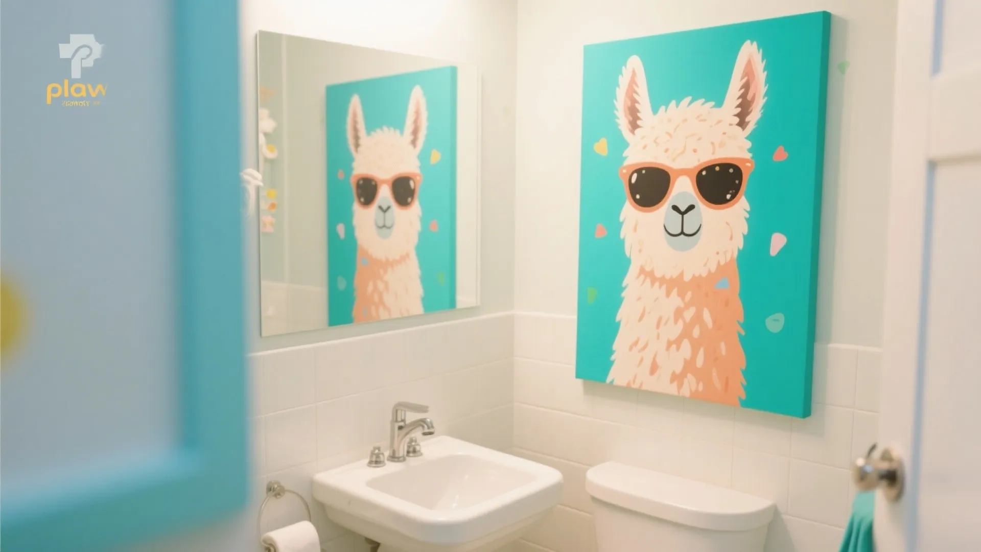 Bright bathroom with white tiled walls and colorful llama painting wearing sunglasses above white toilet