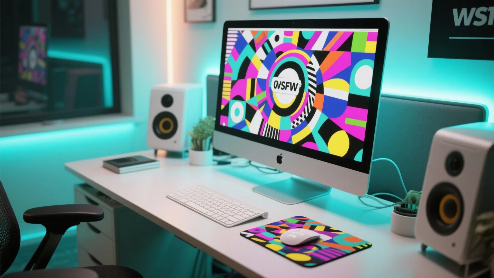 Modern white desk with computer monitor and colorful pattern mouse pad plus two white speakers