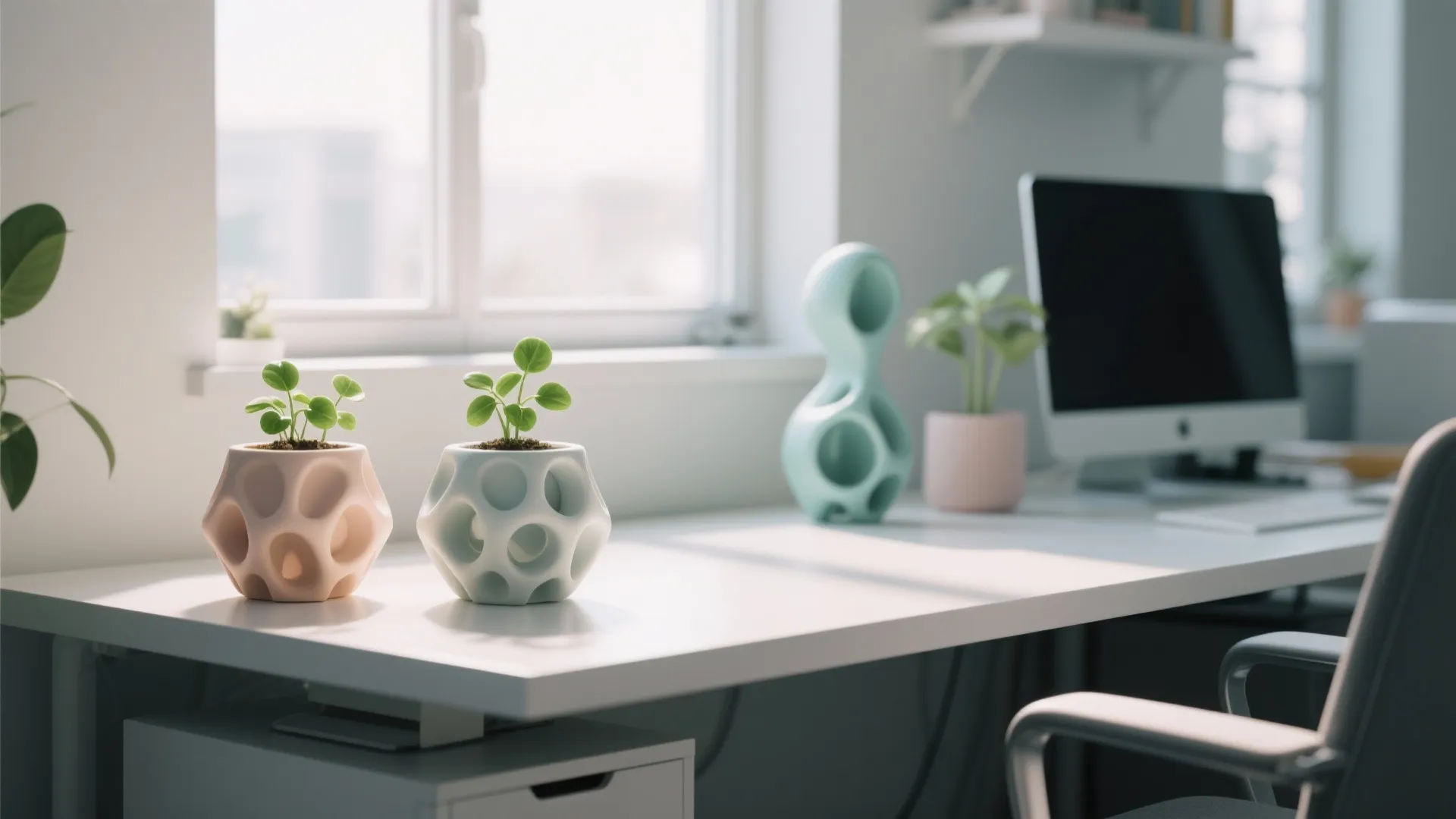 Small green plants in two unique geometric pots on white desk next to bright window