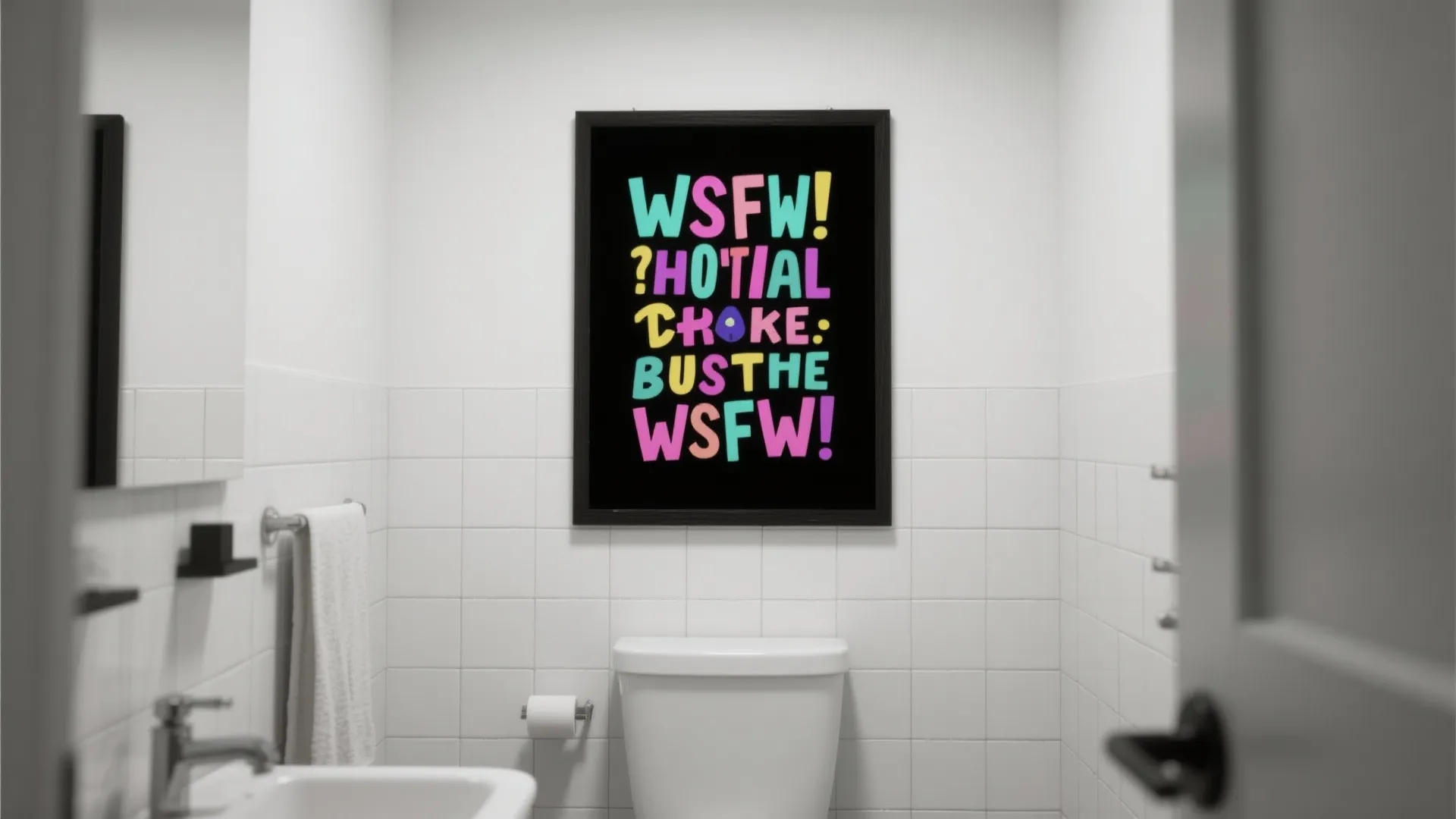 Modern white tiled bathroom with black framed colorful wall art hanging above a white toilet