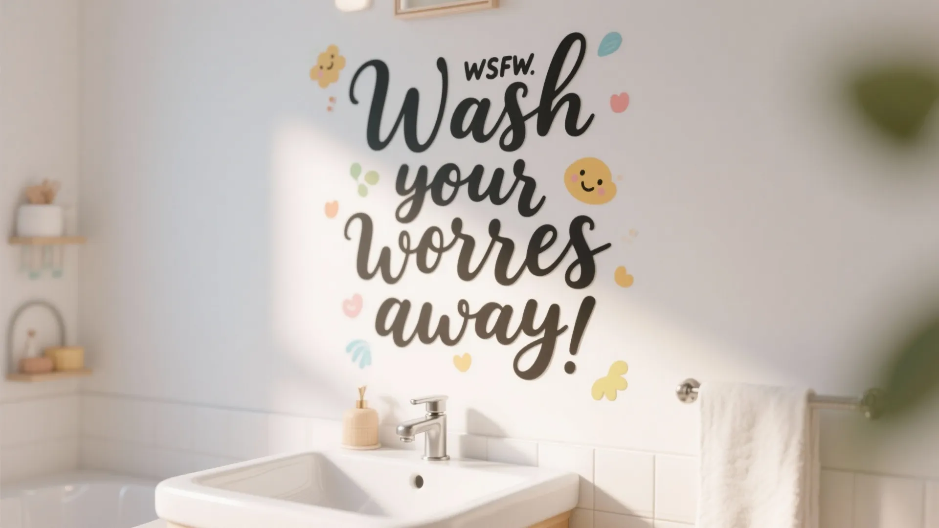 White bathroom wall with wash your worries away quote above a sink and white towel
