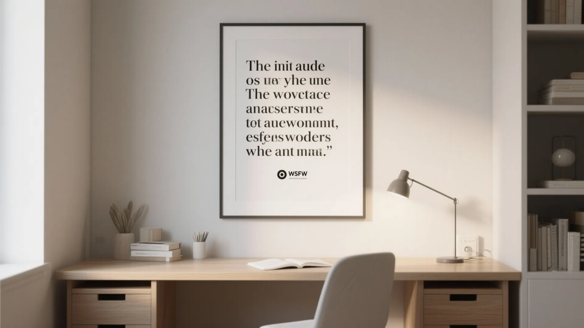 Framed quote art hanging above study desk