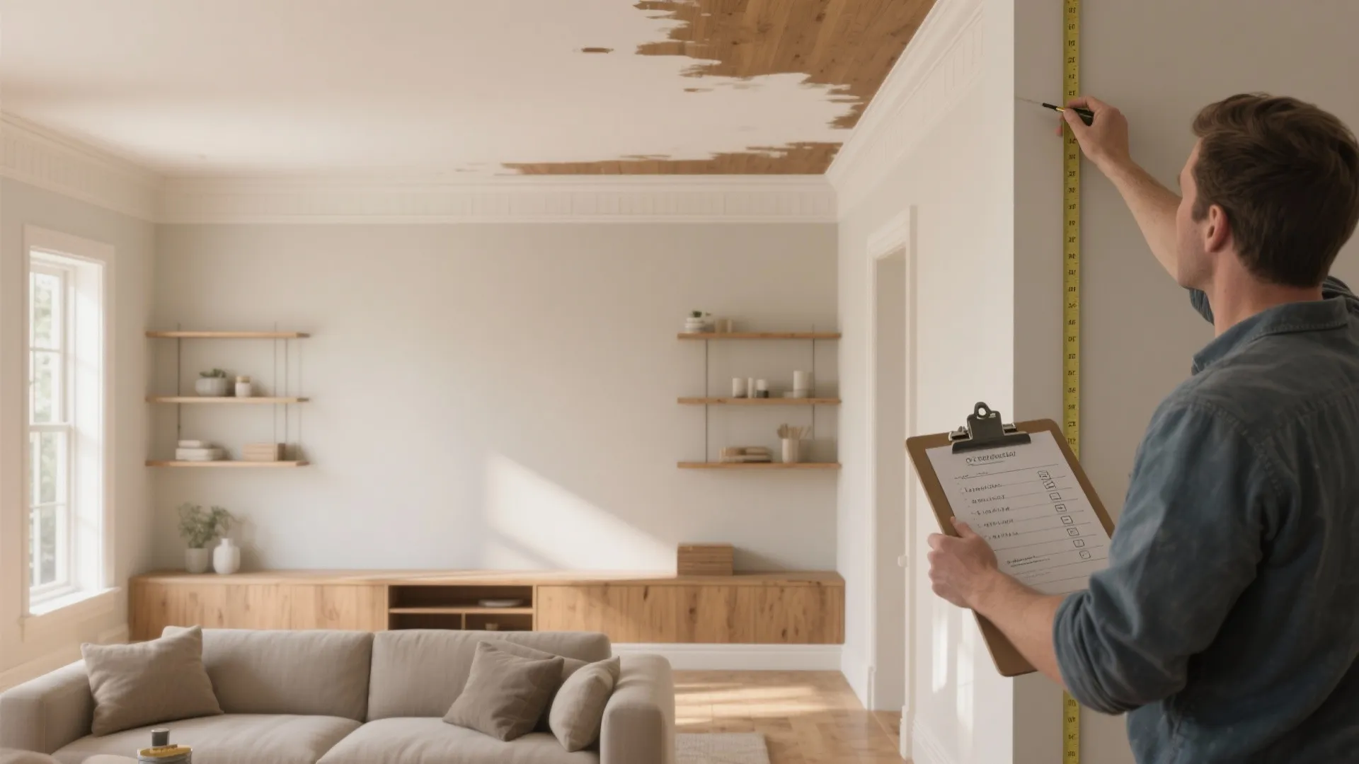 Painter measuring ceiling and inspecting walls, trim, and built-ins to quote by finished surfaces.