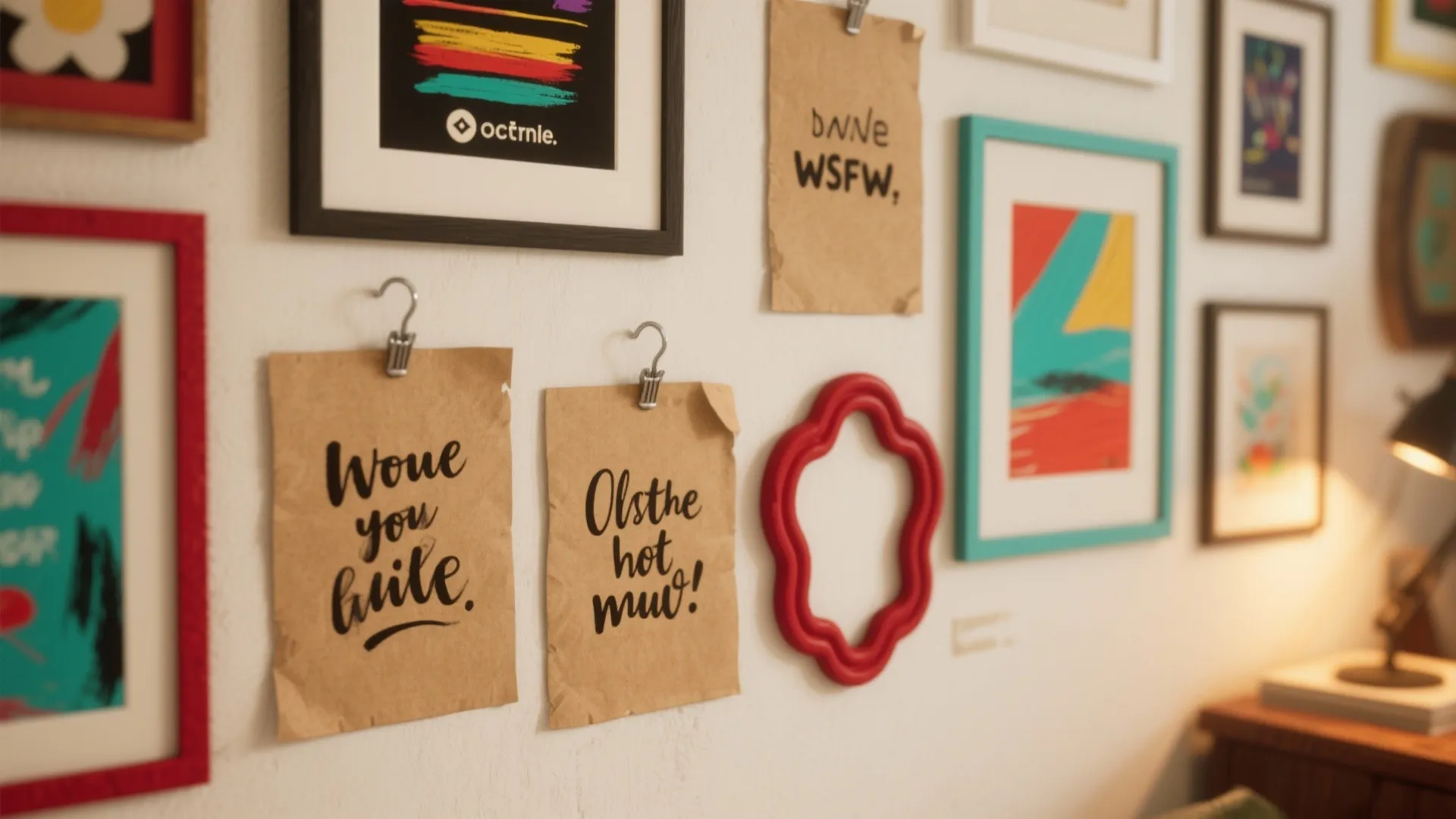 Gallery wall featuring various colorful framed art pieces and brown paper notes clipped to hooks