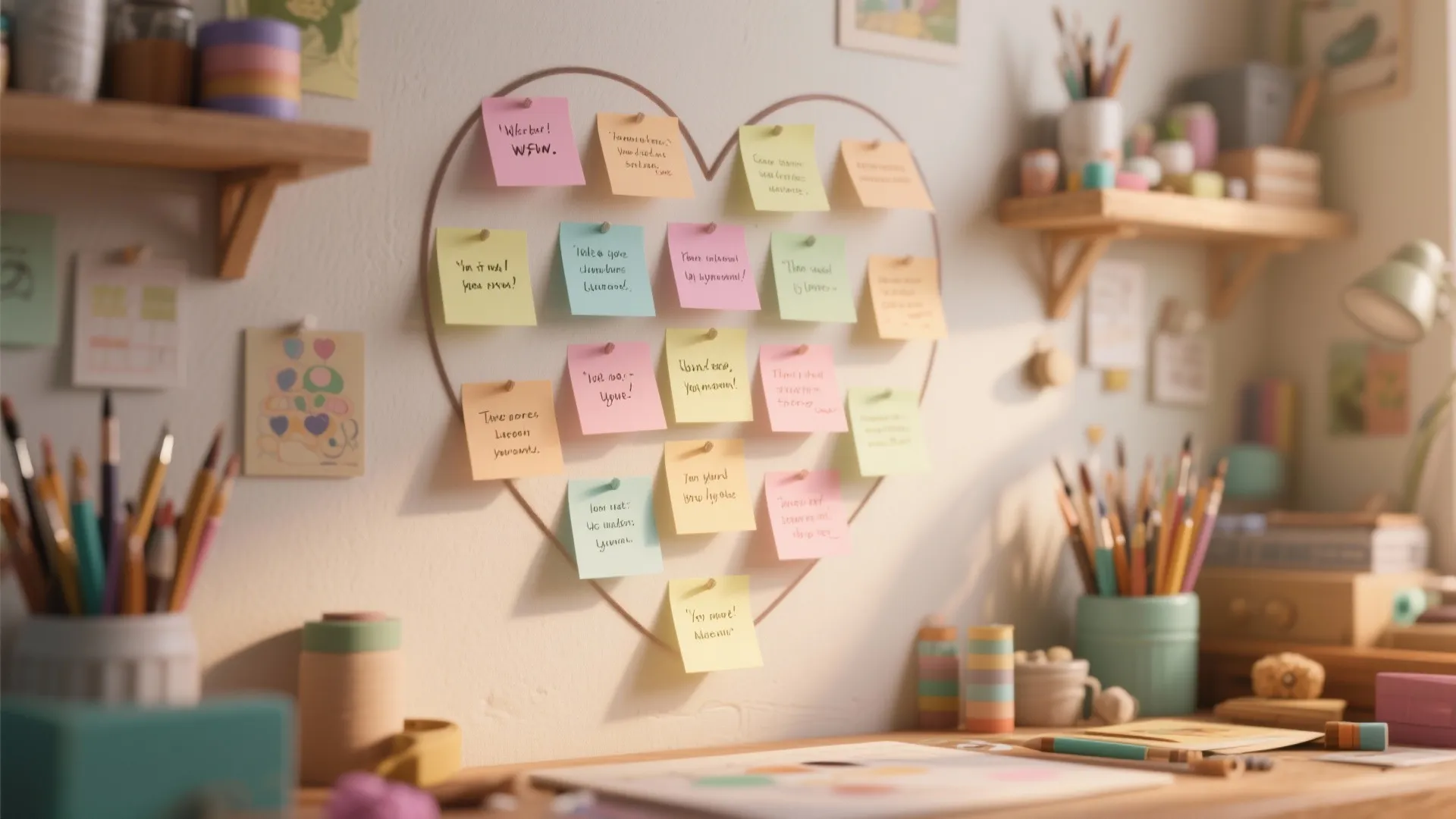 Creative heart shaped wire wall display with colorful paper notes on a wooden craft desk
