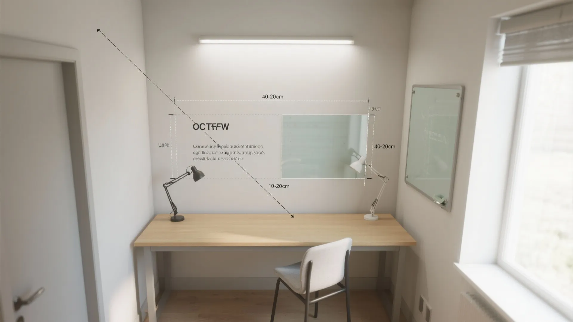 Interior design drawing showing measurements for placing a glass board above a light wooden desk